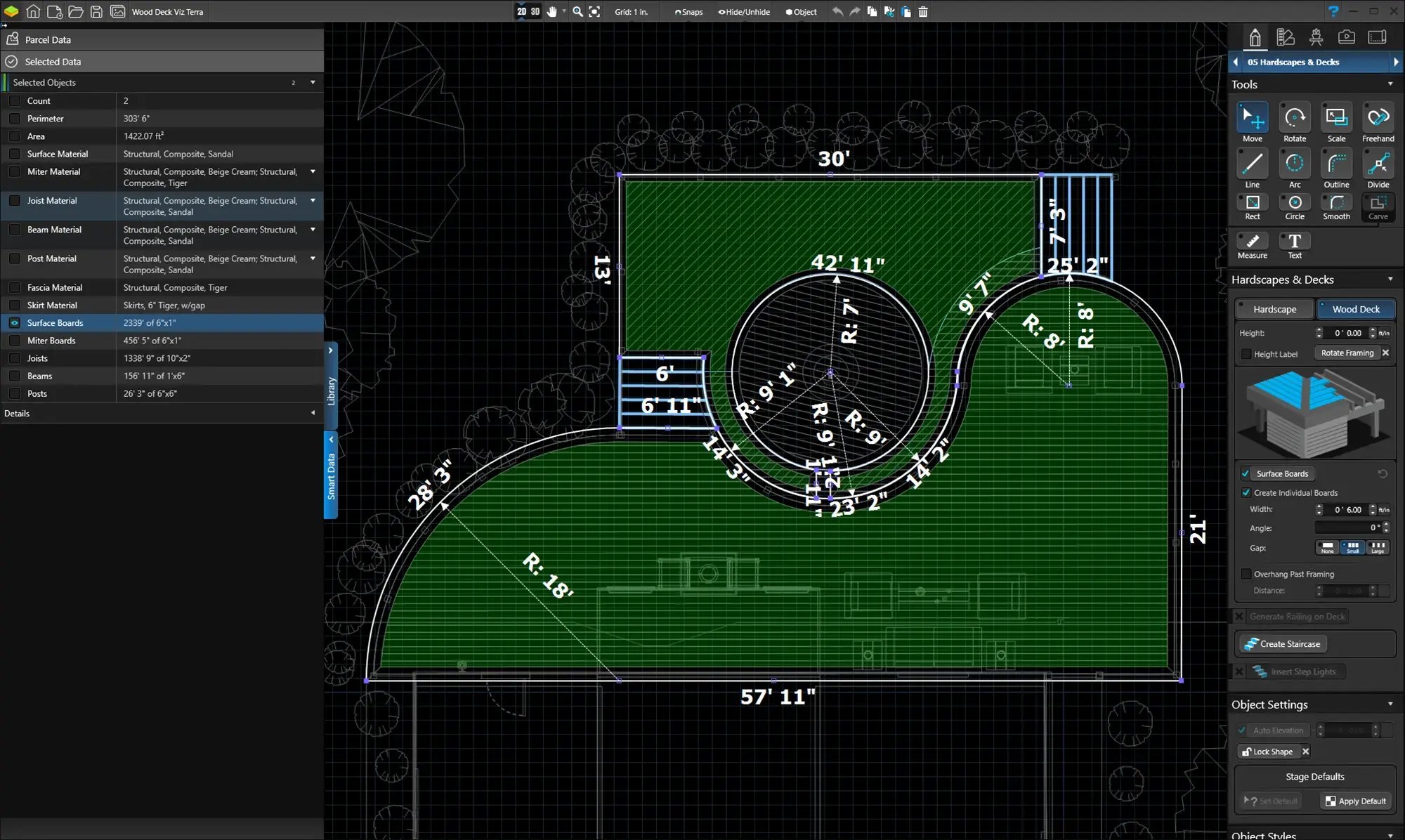 VizTerra 2D plan showing a curved landscape layout with automatic dimension measurements overlaid on the software interface