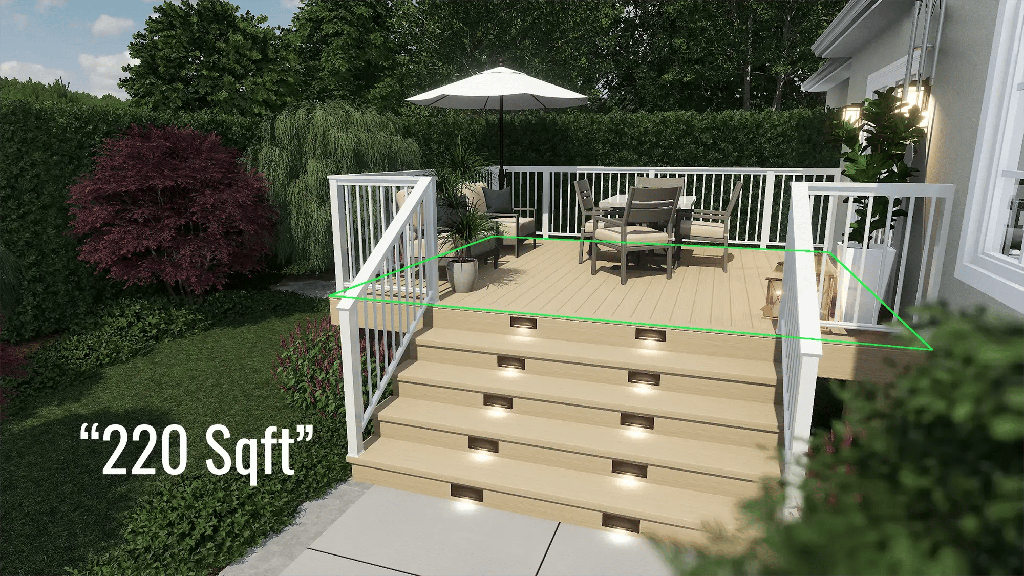 Deck area calculation with on-screen measurements and real-time dimensions