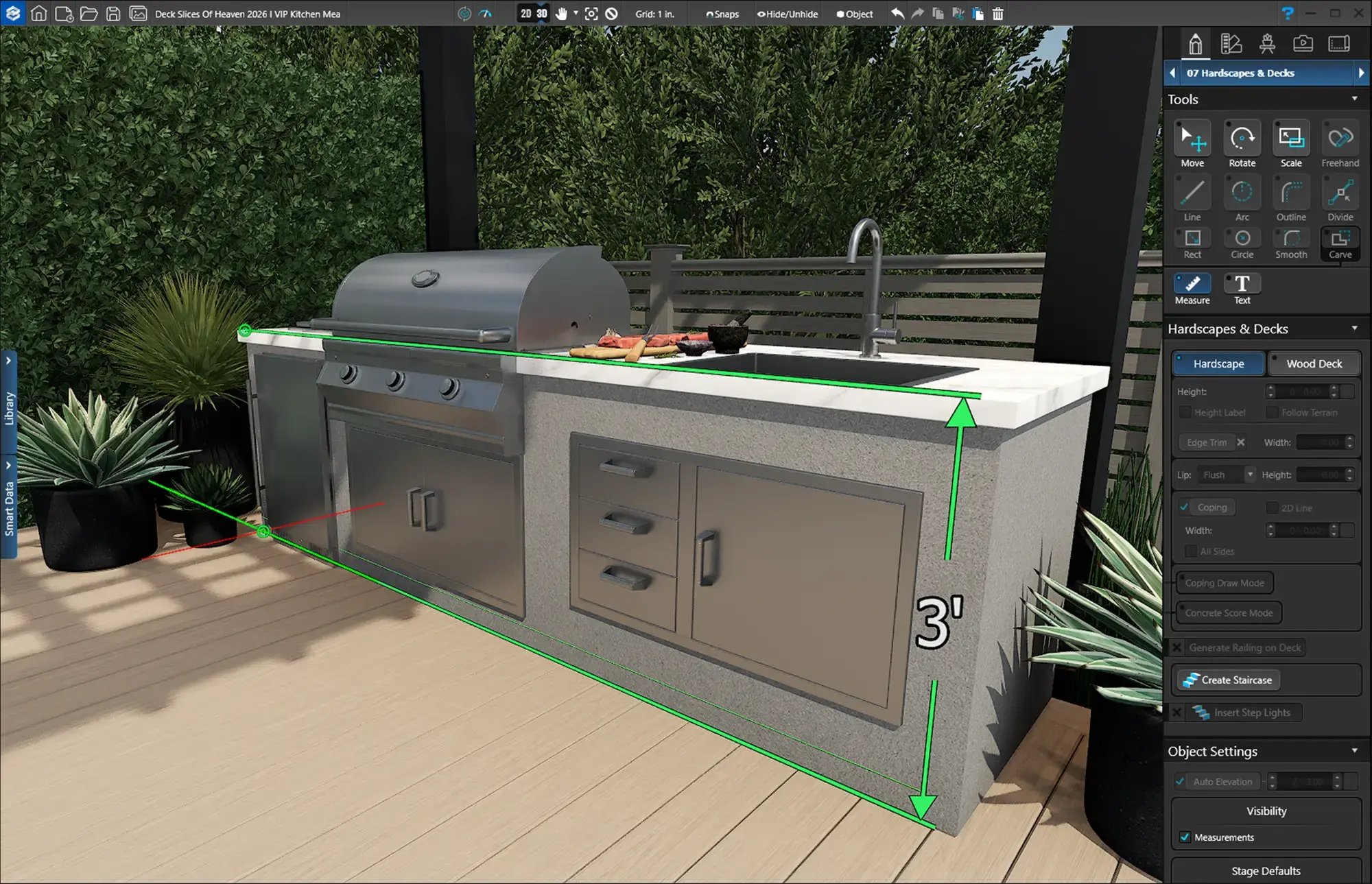 Outdoor kitchen design with on-screen 3D measurements showing precise dimensions and spacing