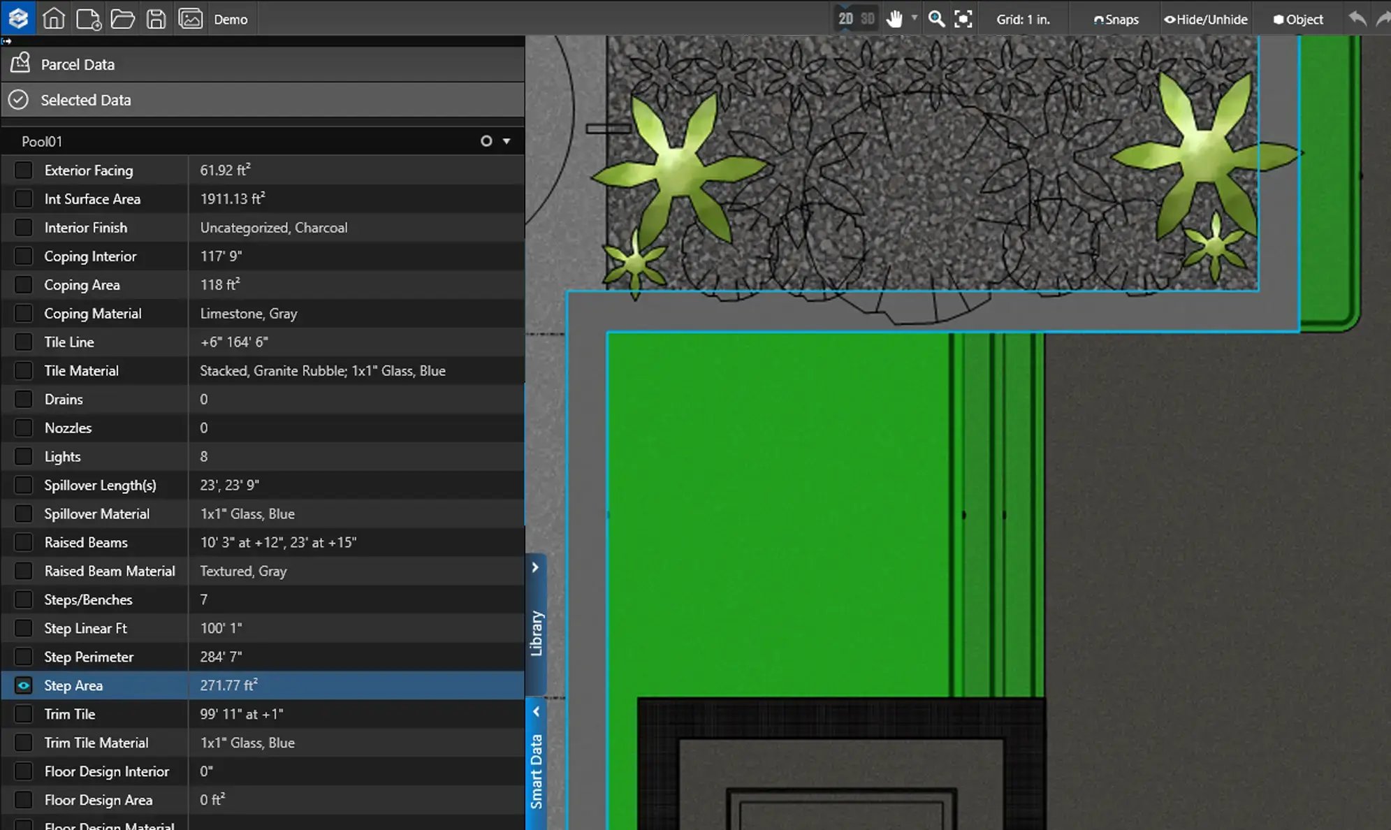 Detailed construction specifications panel showing measurements, materials, and project data updating automatically