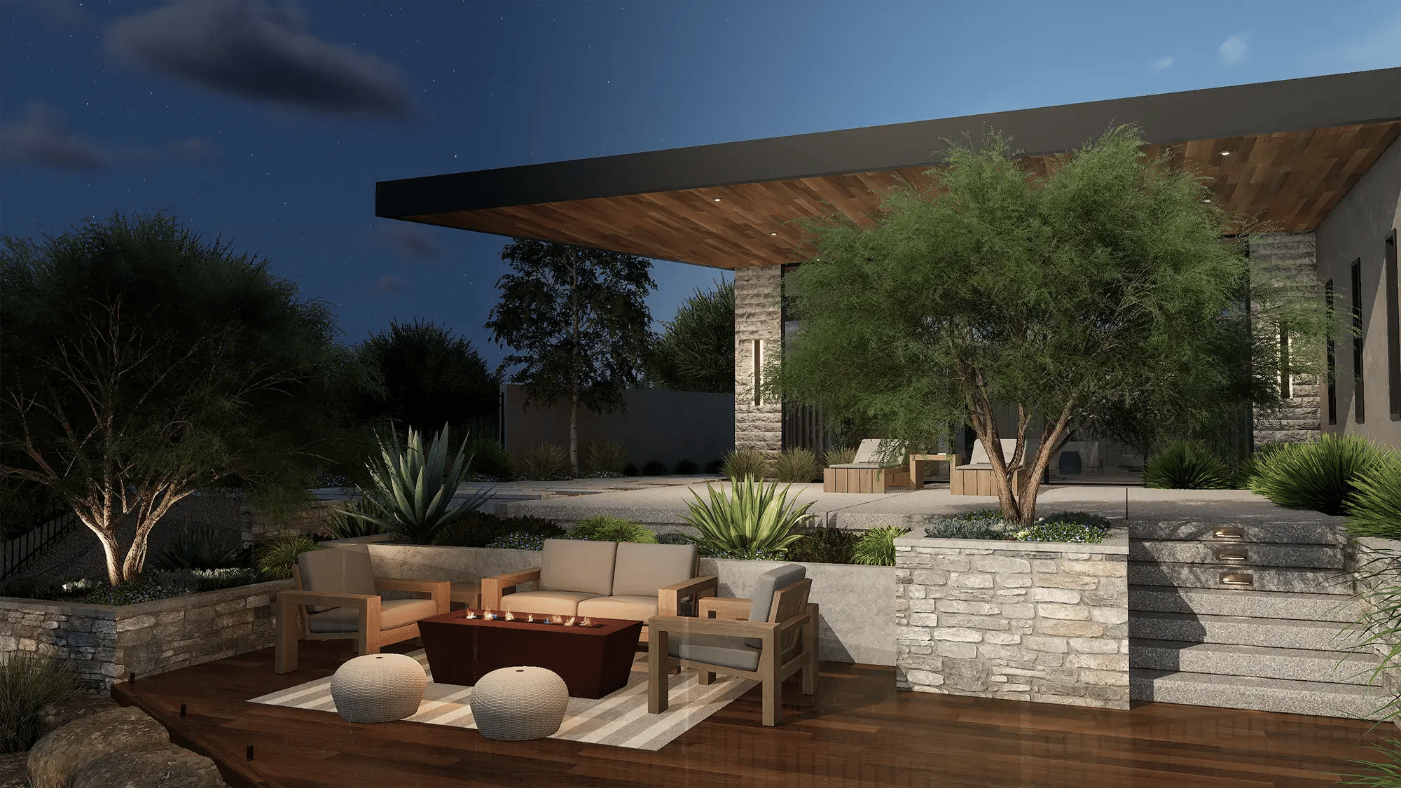 Outdoor design lighting at dusk with realistic shadows and ambiance
