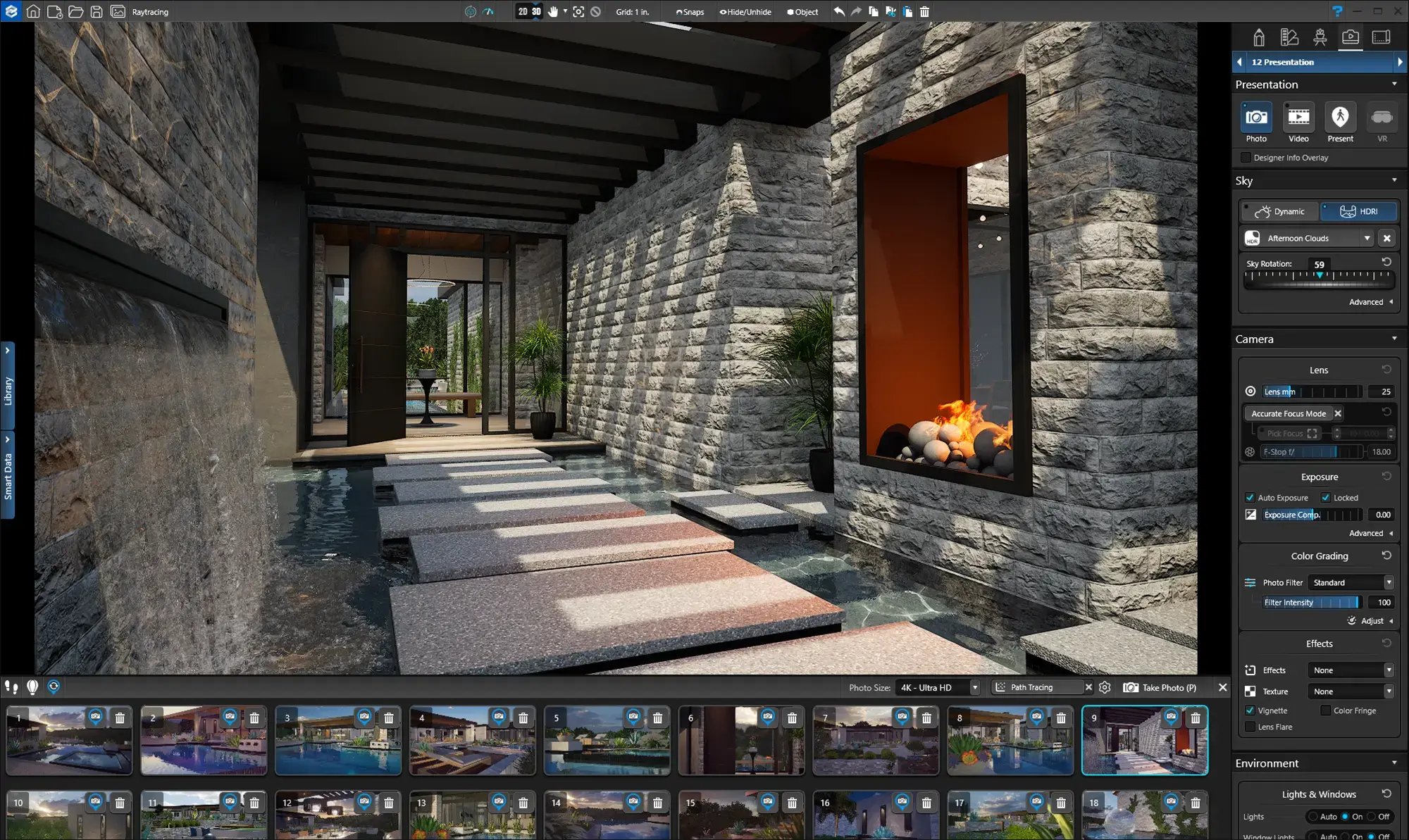 Path traced rendering of outdoor living space showing realistic lighting, reflections, and material detail controls
