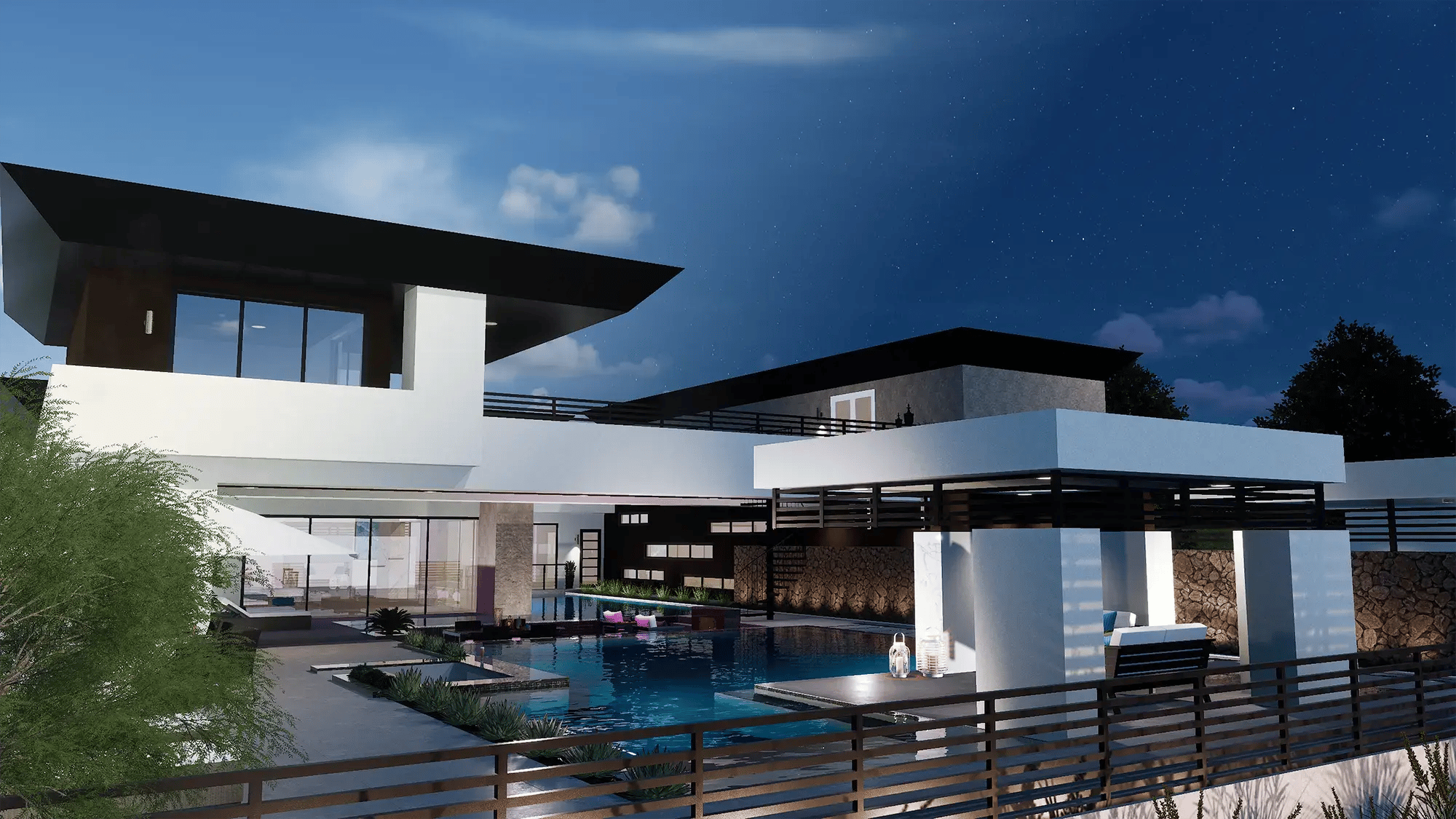 Modern backyard with pool shown in evening lighting to demonstrate time-of-day rendering effects