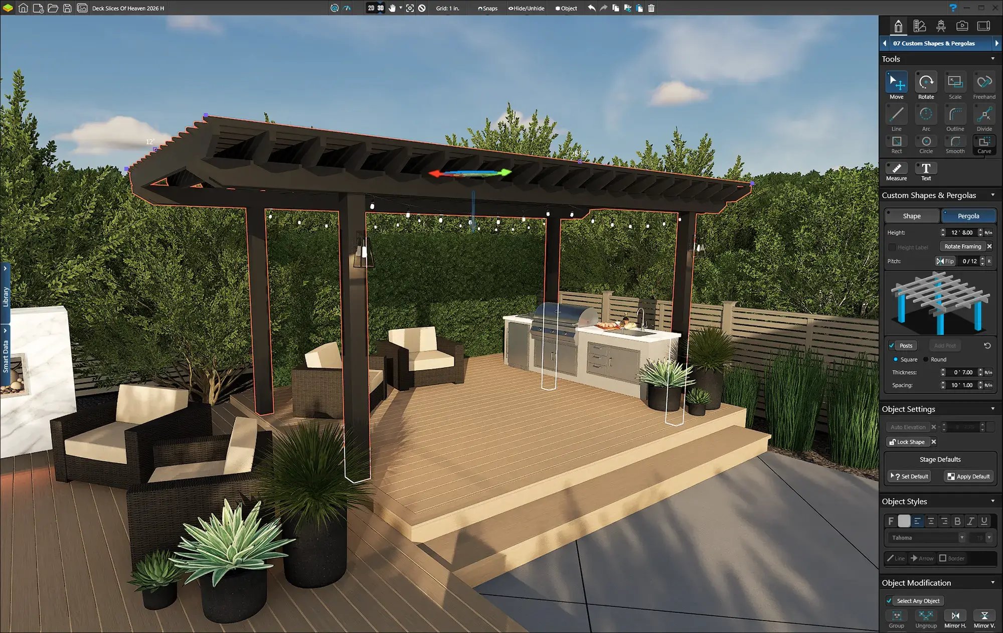 3D landscape design software interface showing pergola, patio, and outdoor kitchen layout