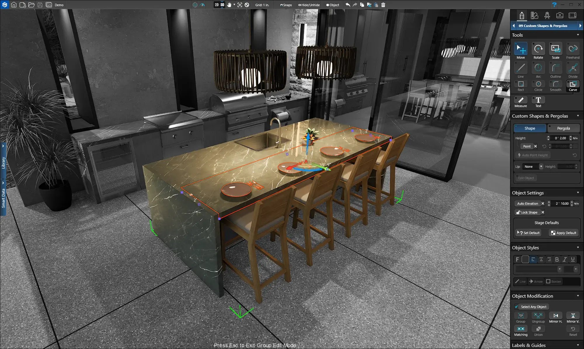 Advanced landscape design software interface showing precise object editing and layout control for outdoor living design