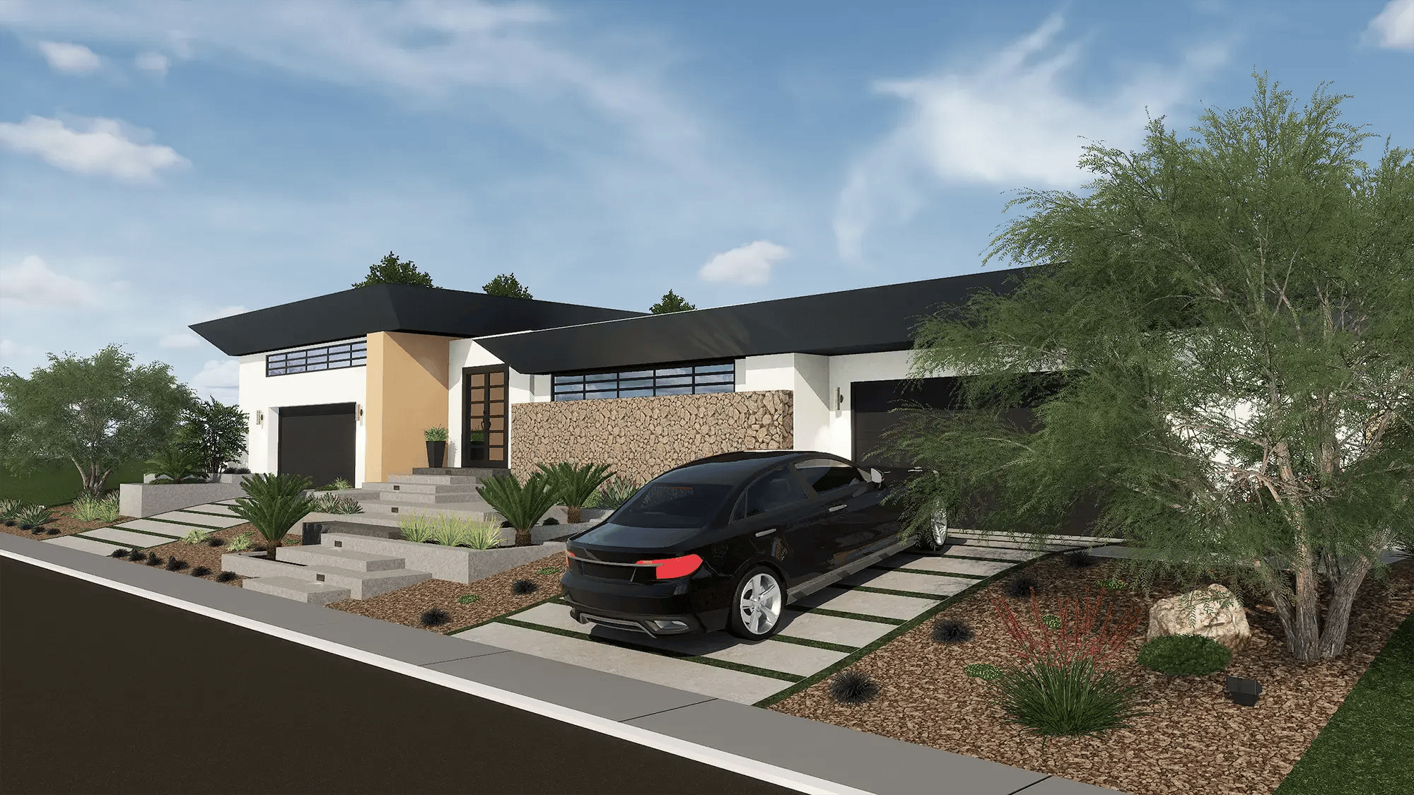 Front yard landscape design with driveway, planting beds, and modern residential layout