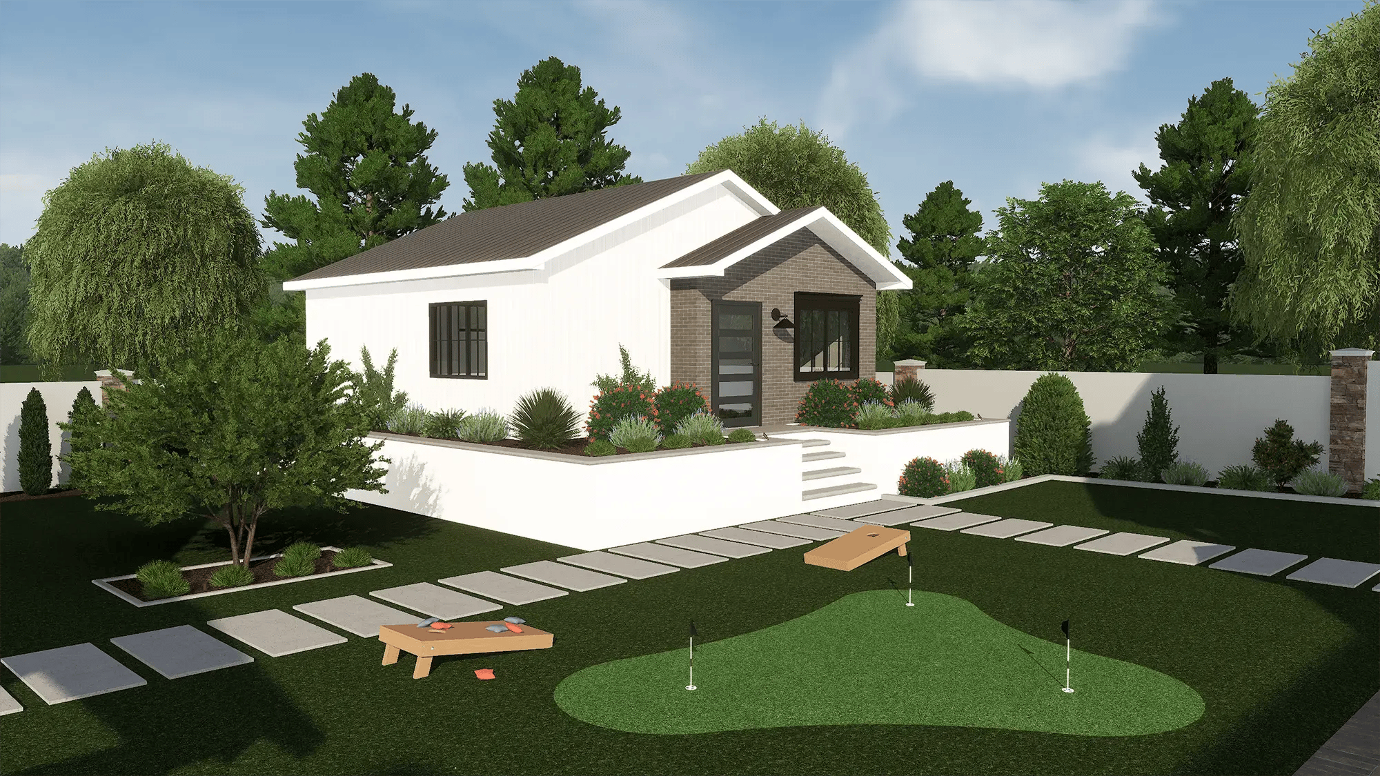 Residential landscape design with lawn, planting beds, pathways, and backyard layout