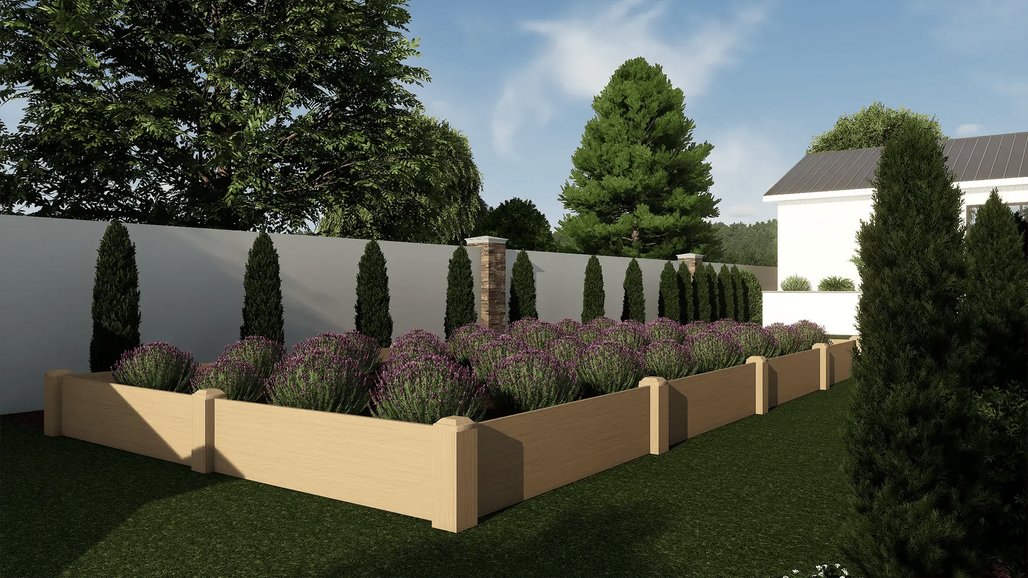 Landscape design with raised planting beds, shrubs, and structured garden layout