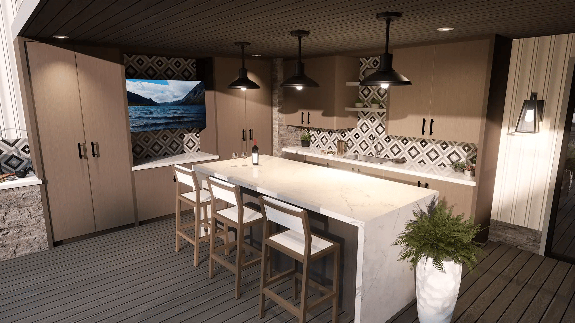 Custom covered outdoor bar with island seating, pendant lighting, and full cooking and prep area