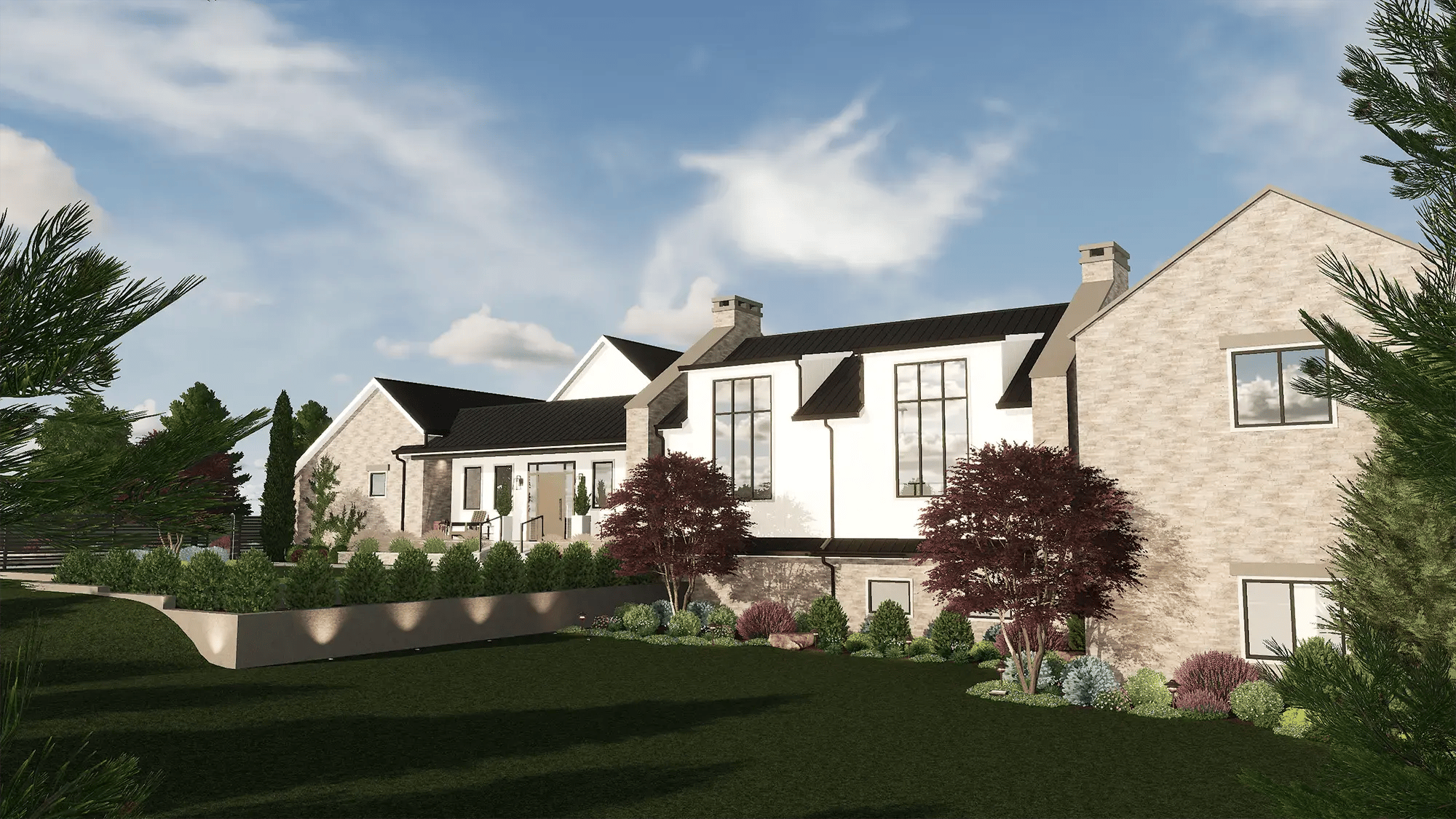 Residential landscape design with lawn, shrubs, trees, and layered planting around home
