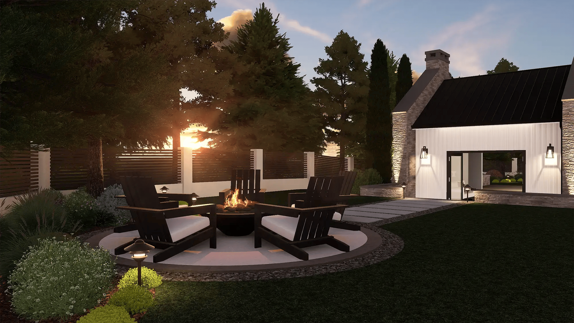 VizTerra backyard design at sunset showing a fire pit seating area, lawn, and surrounding planting