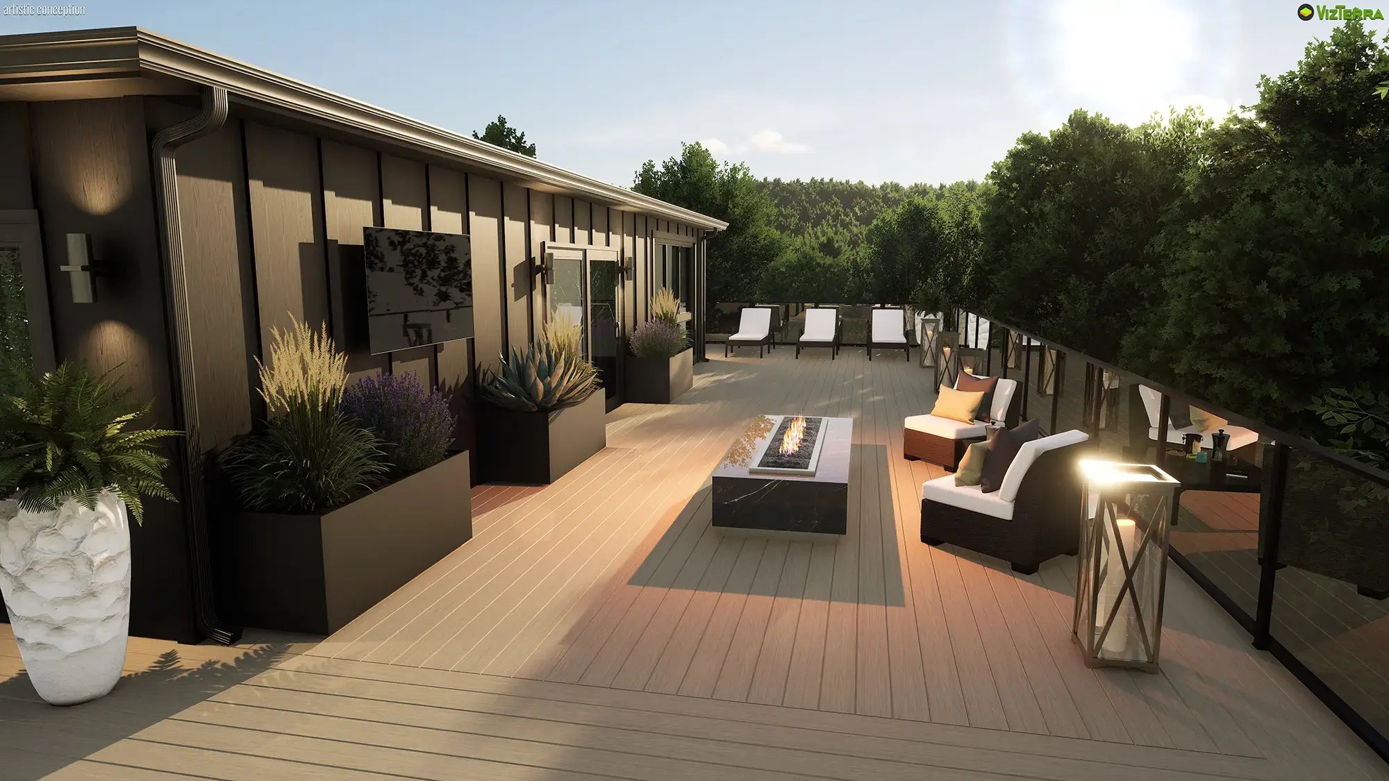 Elevated deck with wood decking, lounge seating, and perimeter railing