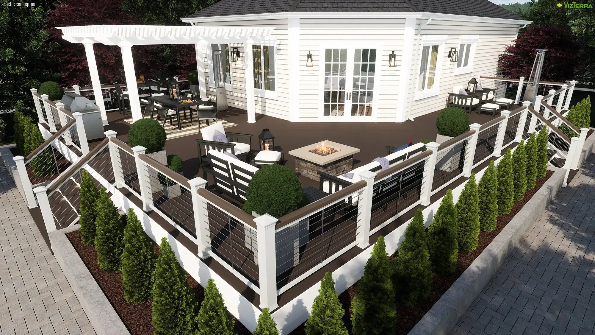 Raised deck with railing, pergola, outdoor seating, and fire feature