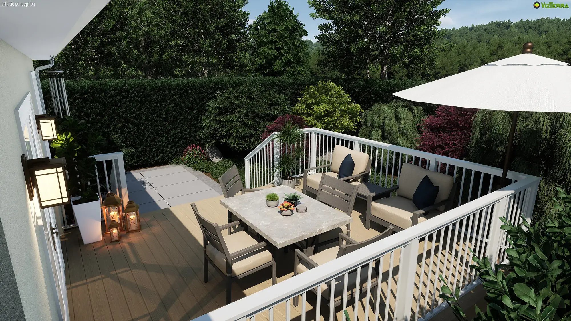 Elevated deck with railing, outdoor seating, and compact dining area