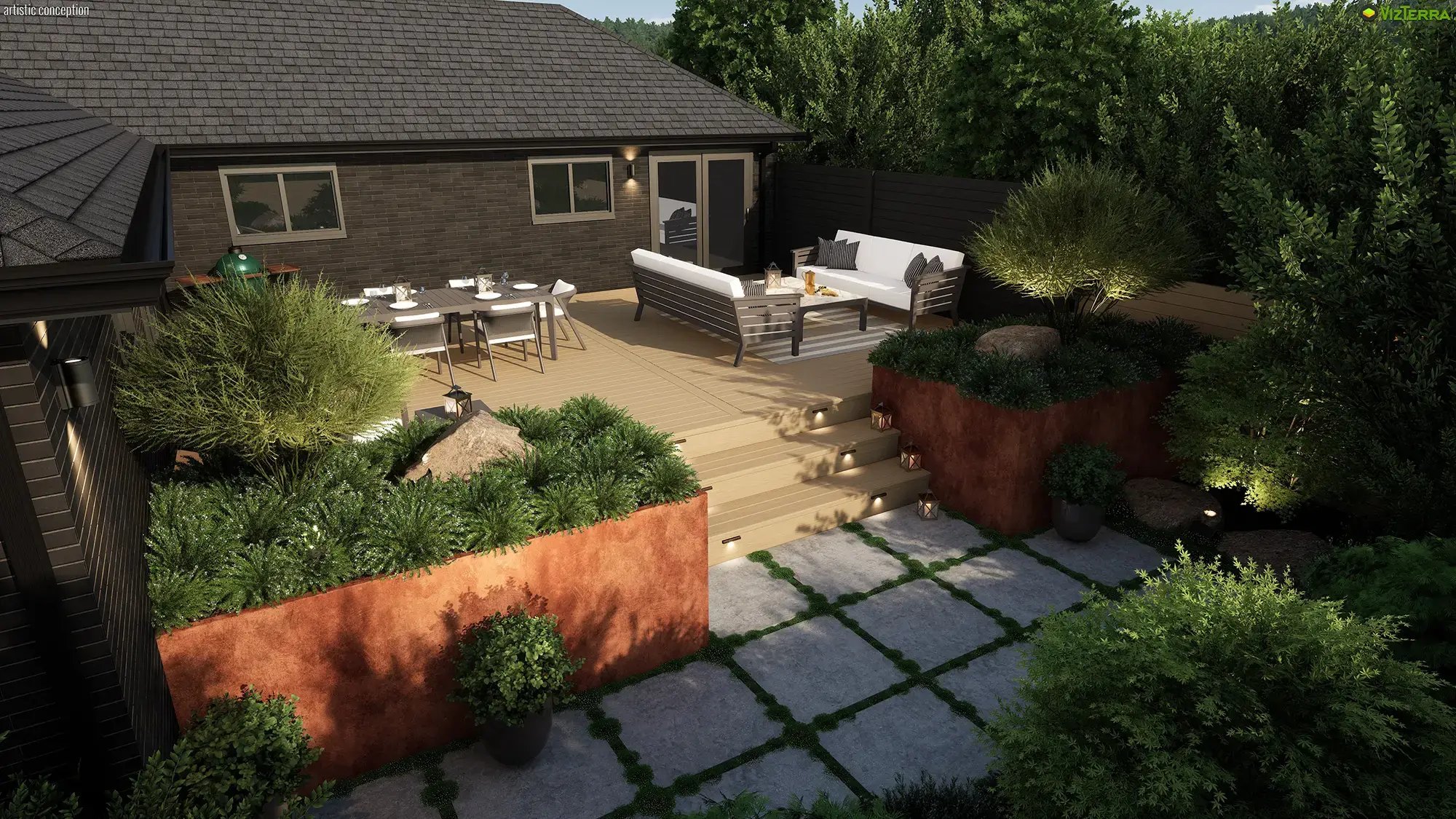 VizTerra residential design with layered planting, raised garden beds, and an outdoor seating area
