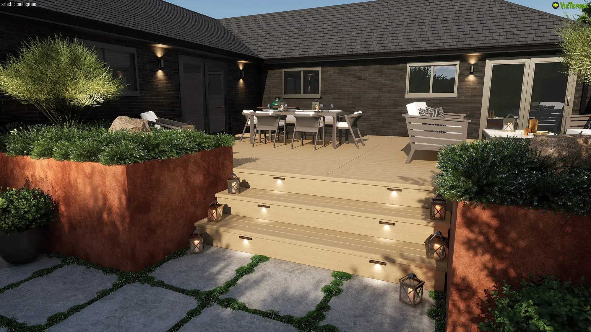VizTerra raised deck with wide entry steps, integrated lighting, and a clean structured layout