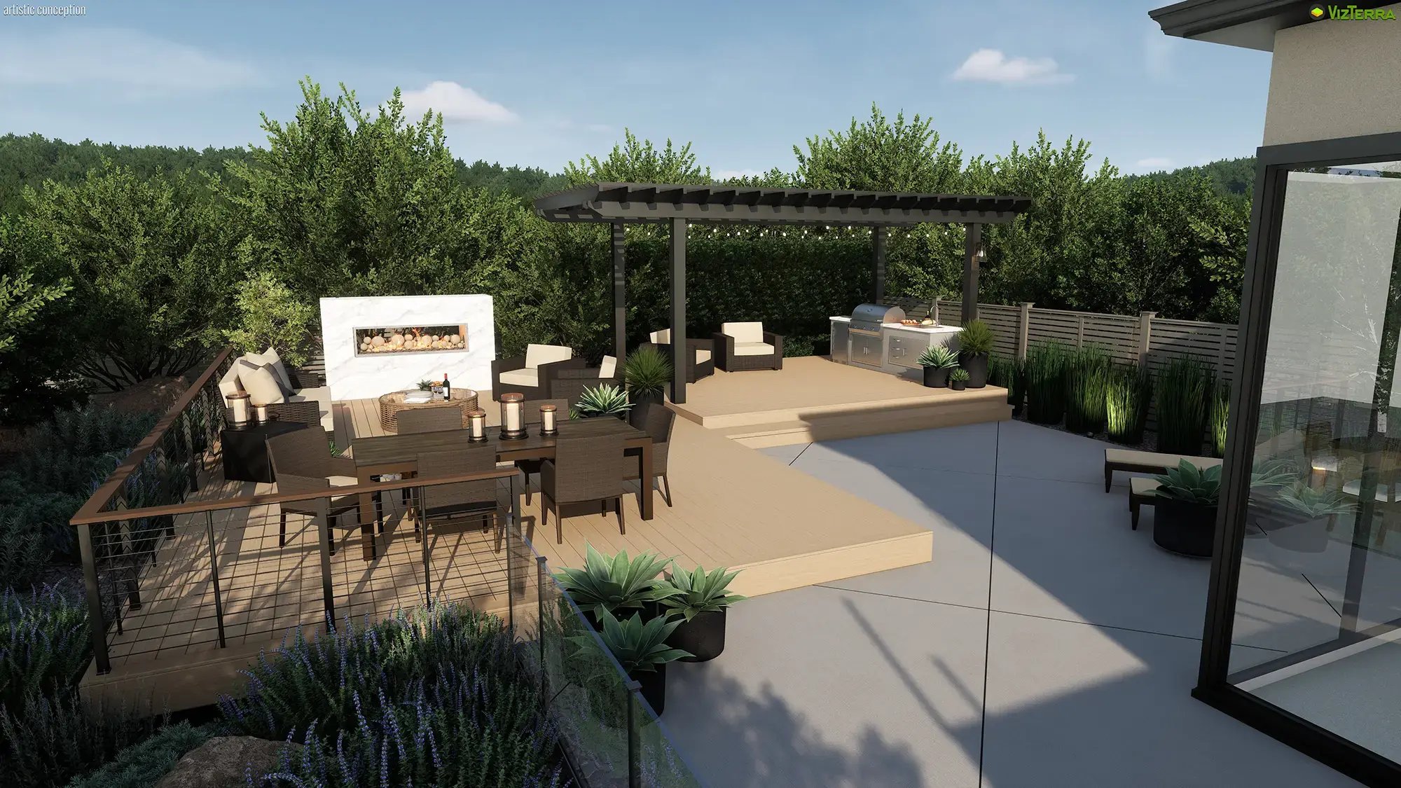 VizTerra raised deck with an attached pergola, outdoor dining table, and structured seating area