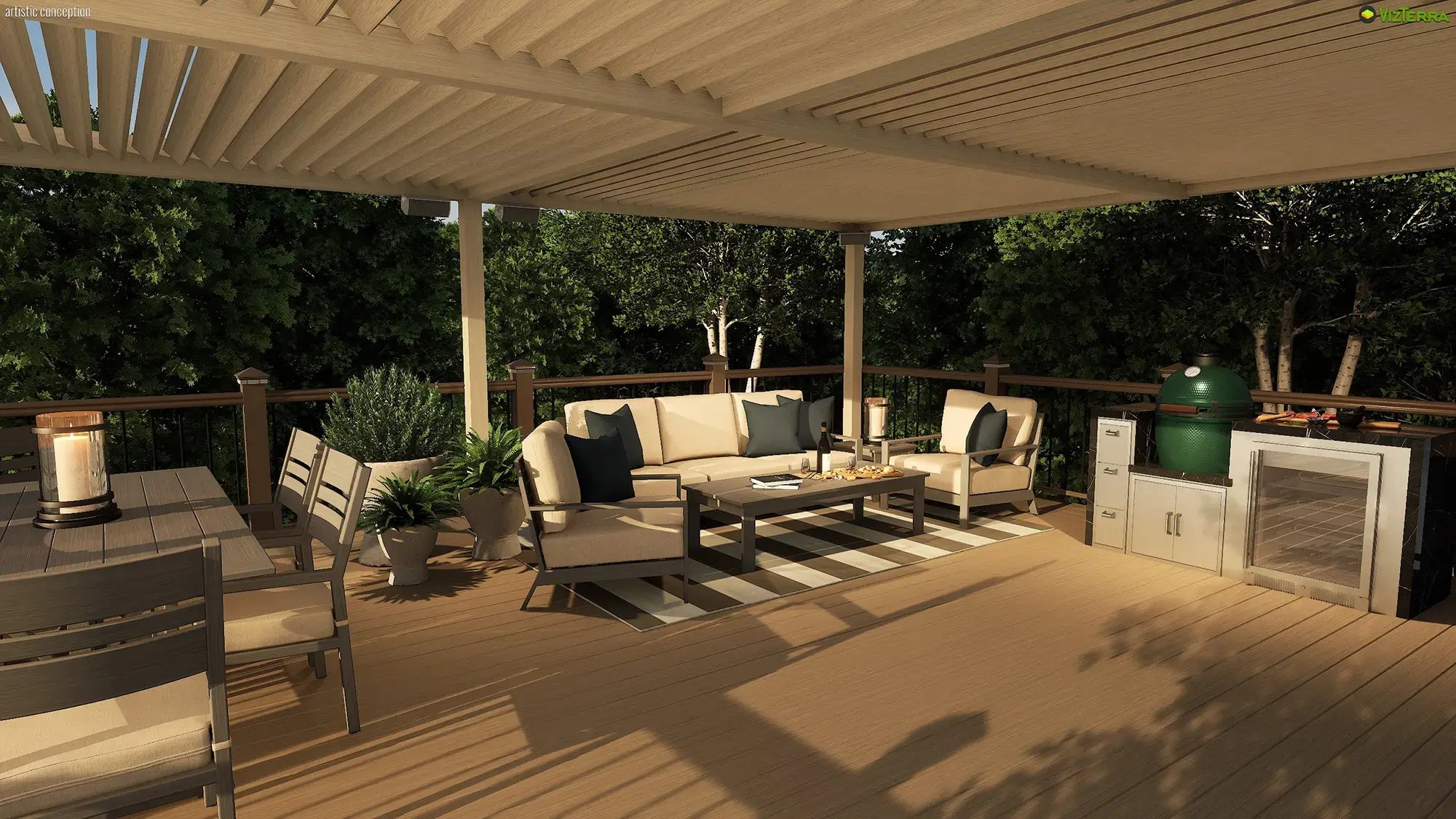 VizTerra warm-toned pergola design with a wood shade structure, deck, and defined outdoor living space