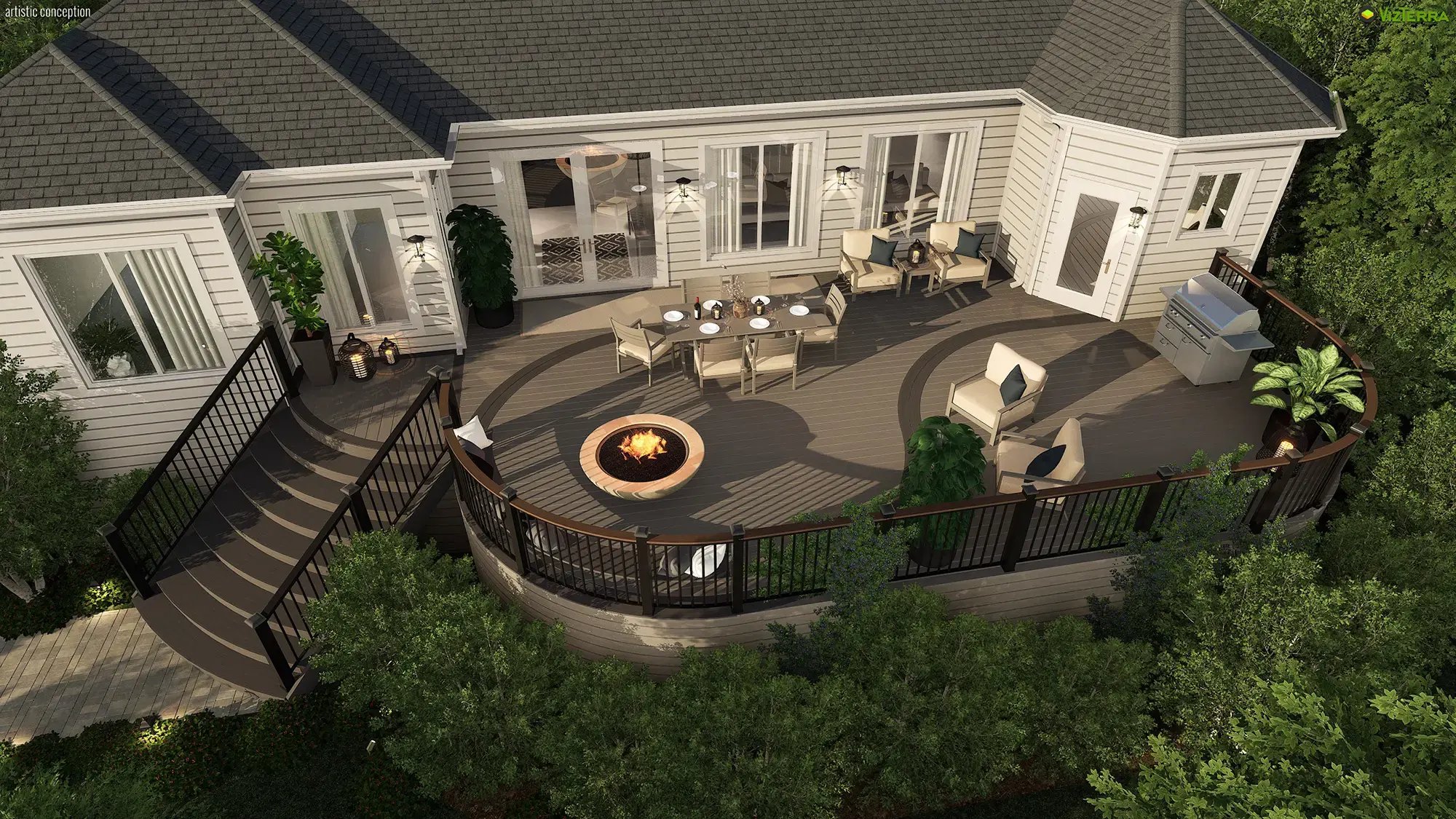 Multi-level curved deck with wood decking, railing, and central fire feature