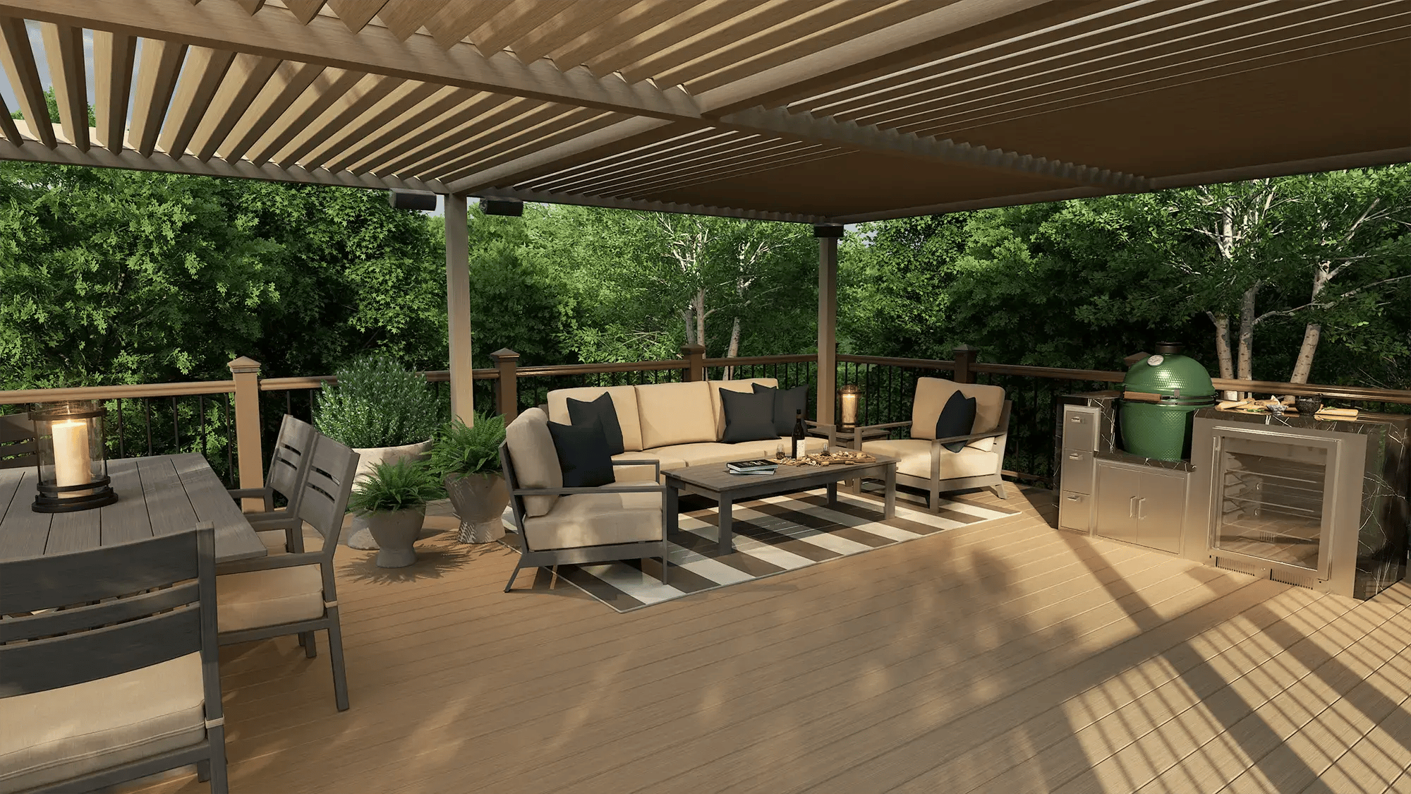 Outdoor dining area with custom stone fireplace, glowing fire feature, water wall detail, and warm string lighting at dusk