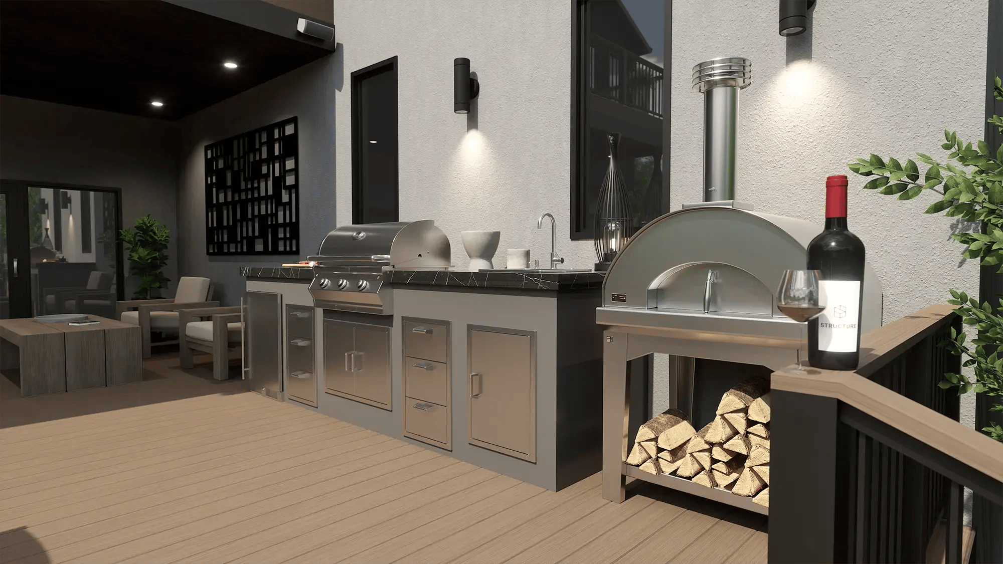 Outdoor cooking station with built-in grill, pizza oven, sink, stainless cabinetry, and mounted television
