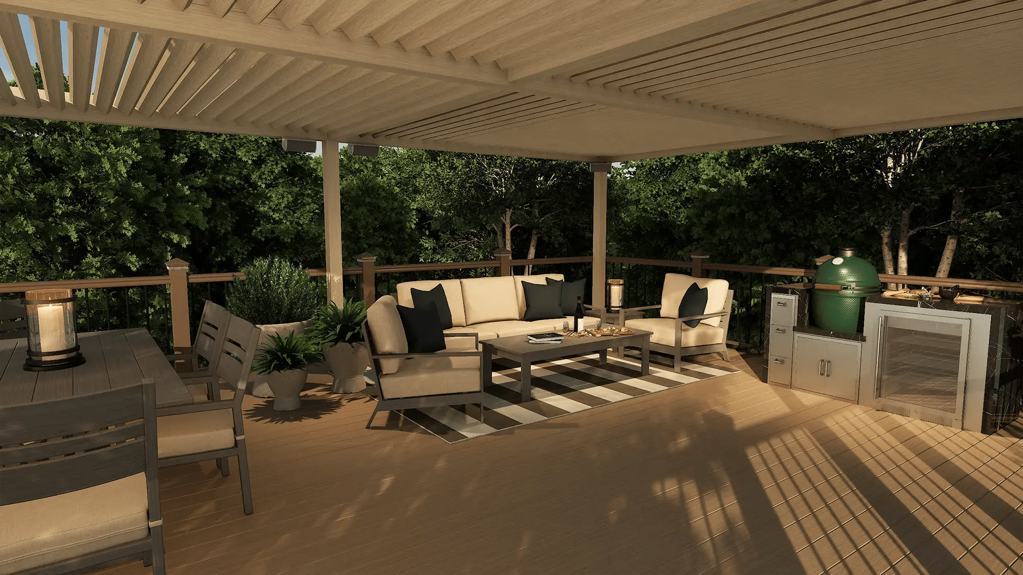 Covered outdoor lounge and cooking area with seating and built-in grill