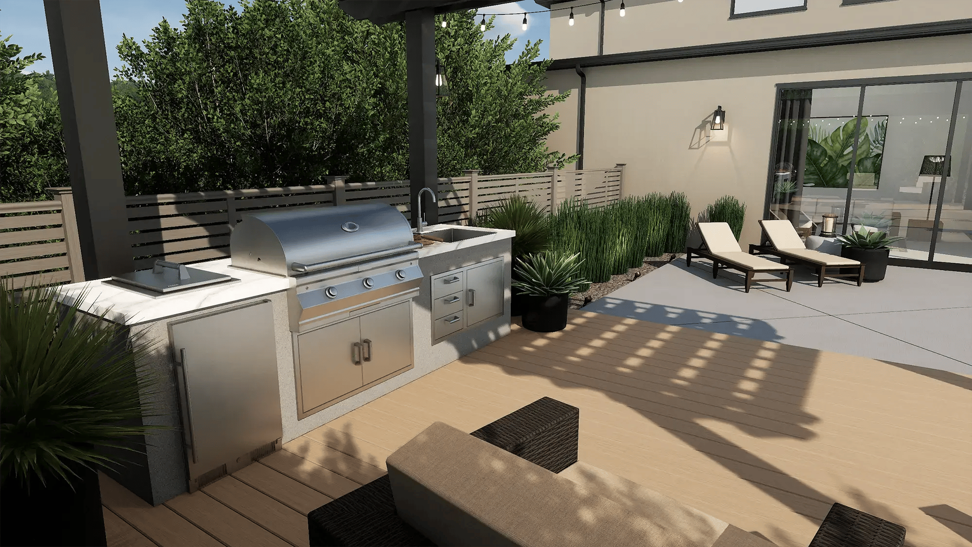 Extended cooking area with built-in grill and large countertop workspace