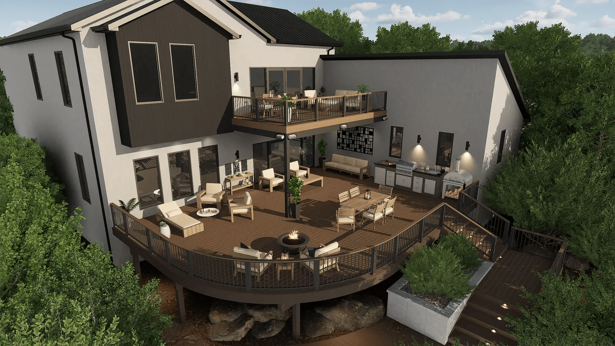 VizTerra multi-level deck design with rounded lower deck, upper deck addition, outdoor seating, and dining area