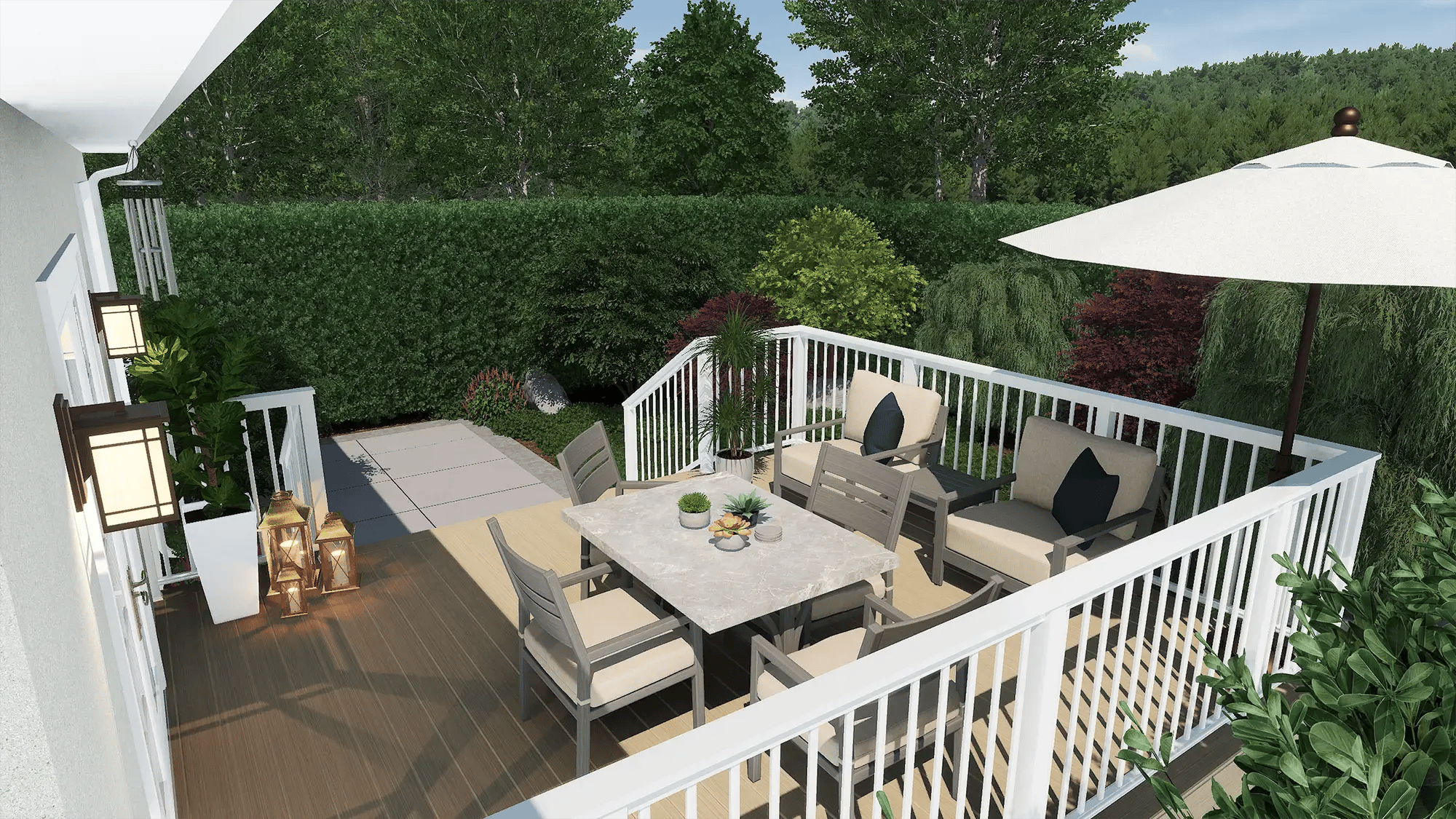 VizTerra 3D rendering of a deck with white railing, outdoor dining set, patio umbrella, and lush surrounding landscaping
