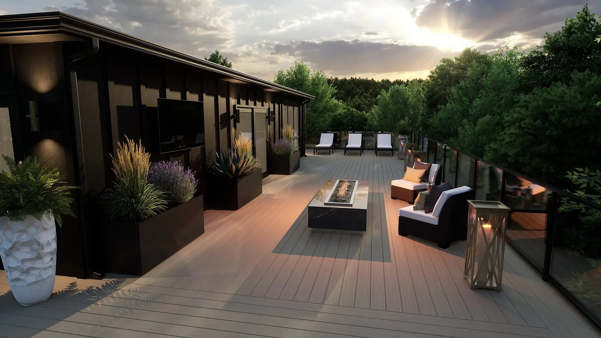 Extended deck with linear fire feature, modern seating layout, and perimeter planting