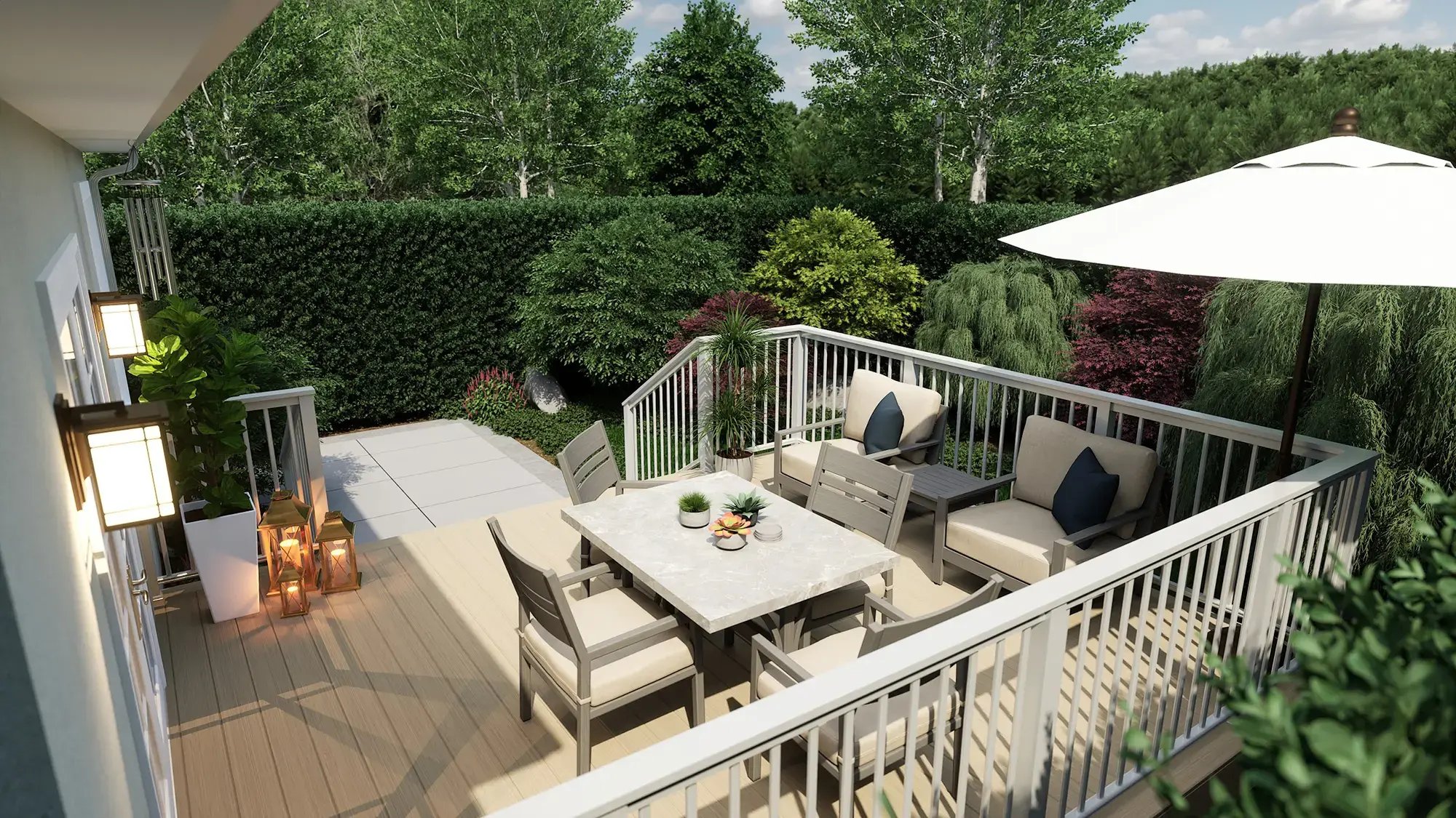 Elevated backyard deck with dining set, railing, and surrounding landscape planting