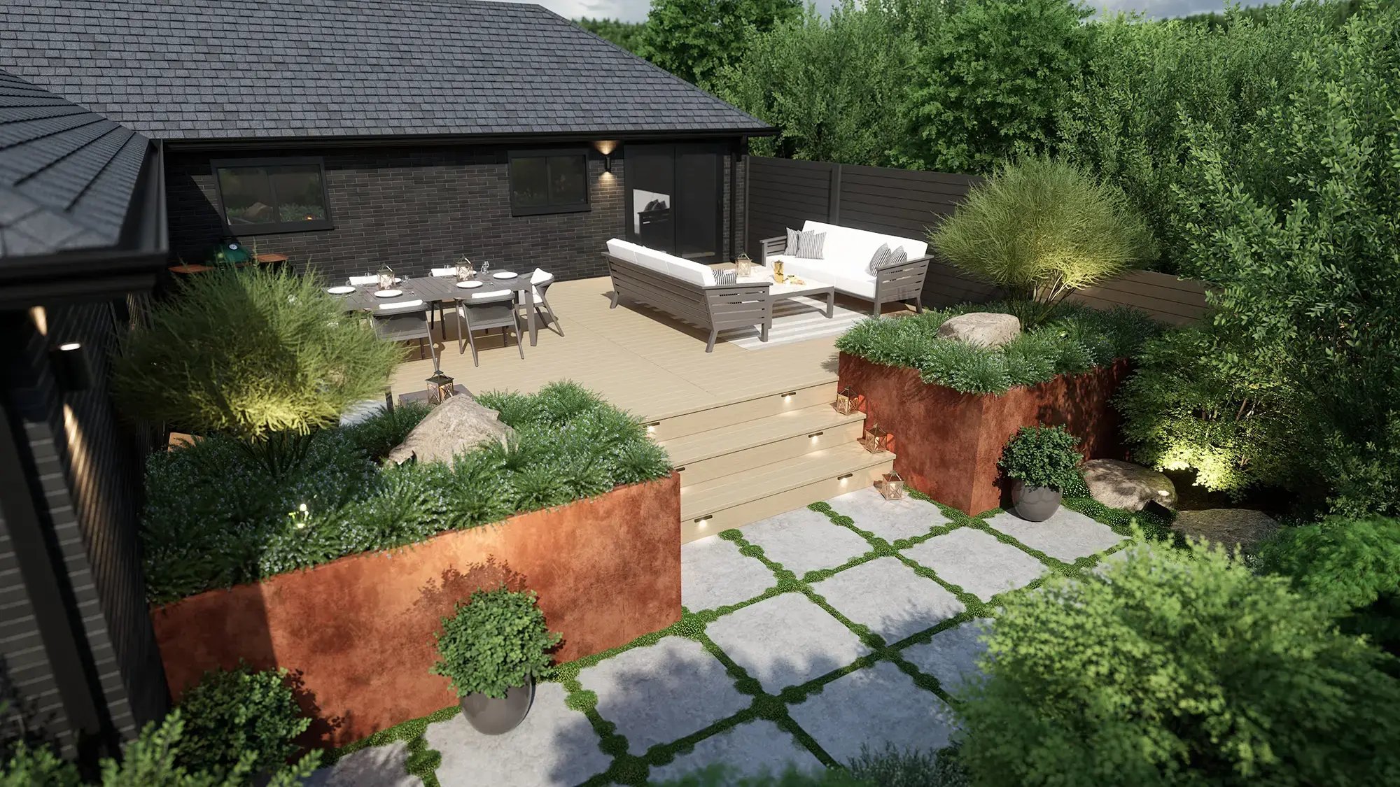 Custom deck design with built-in fire feature, lounge seating, and clean-lined landscaping