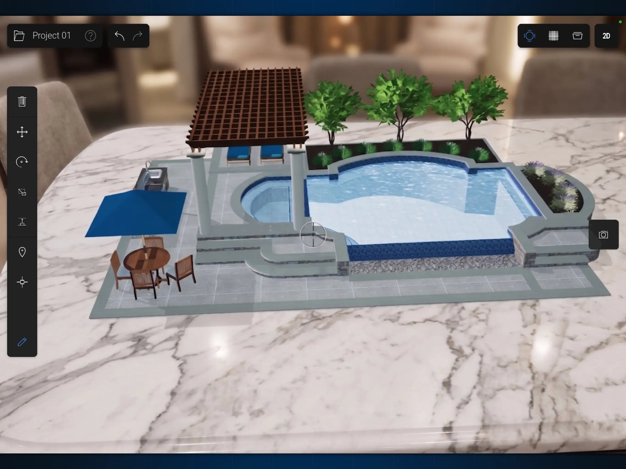 Presenting a backyard design aligned to real property showing accurate scale and perspective to a client on location