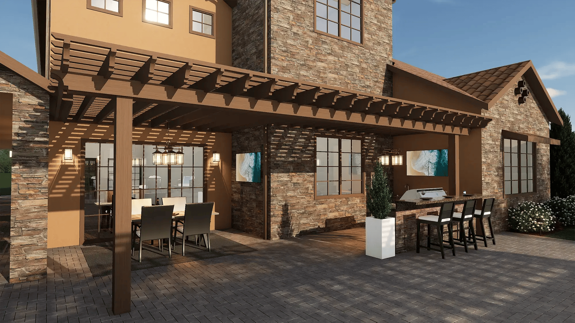 Pergola with wood shade structure, outdoor dining area, and attached kitchen space