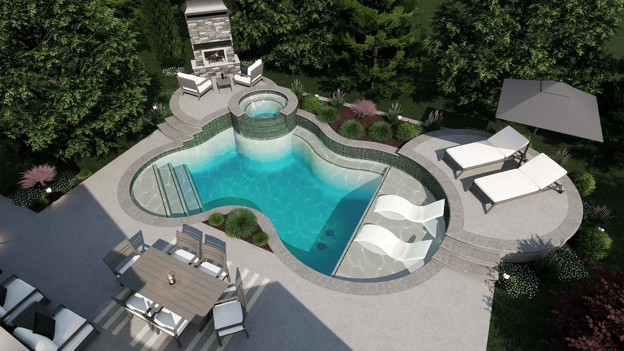 Custom freeform pool design with raised spa, tanning ledge, and curved patio layout