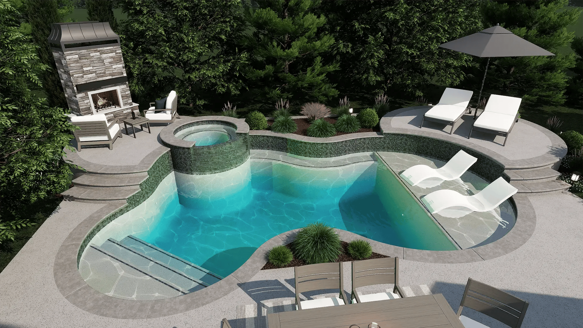 Modern pool with multi-level deck design, spa and ledge, and seating areas with a custom fireplace and lush landscaping