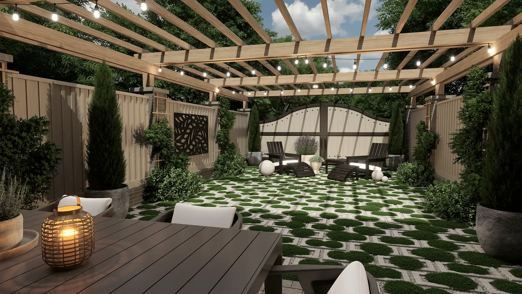 High-end backyard design with wood pergola, geometric paver layout, structured plantings, and ambient string lighting