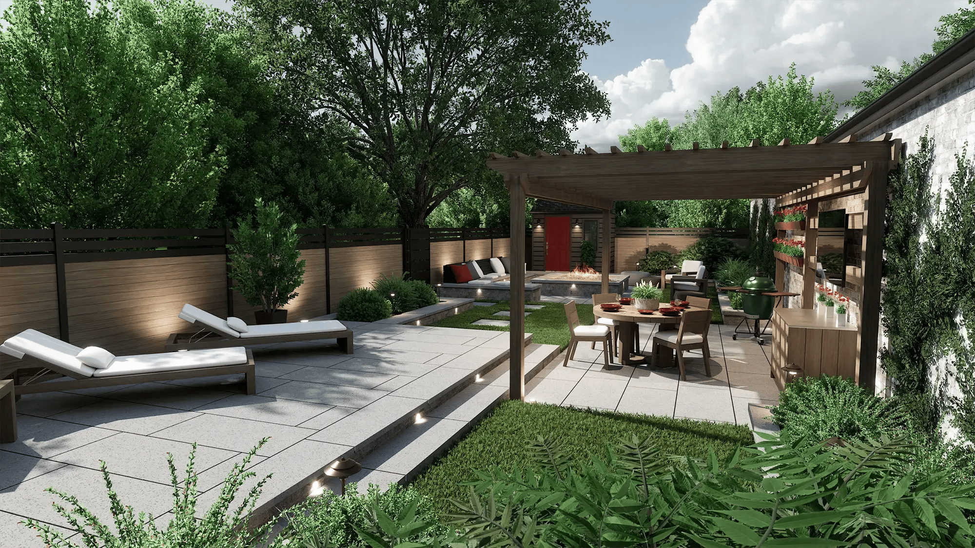 Modern backyard with elevated deck, retaining walls, patio seating, and clean geometric landscaping