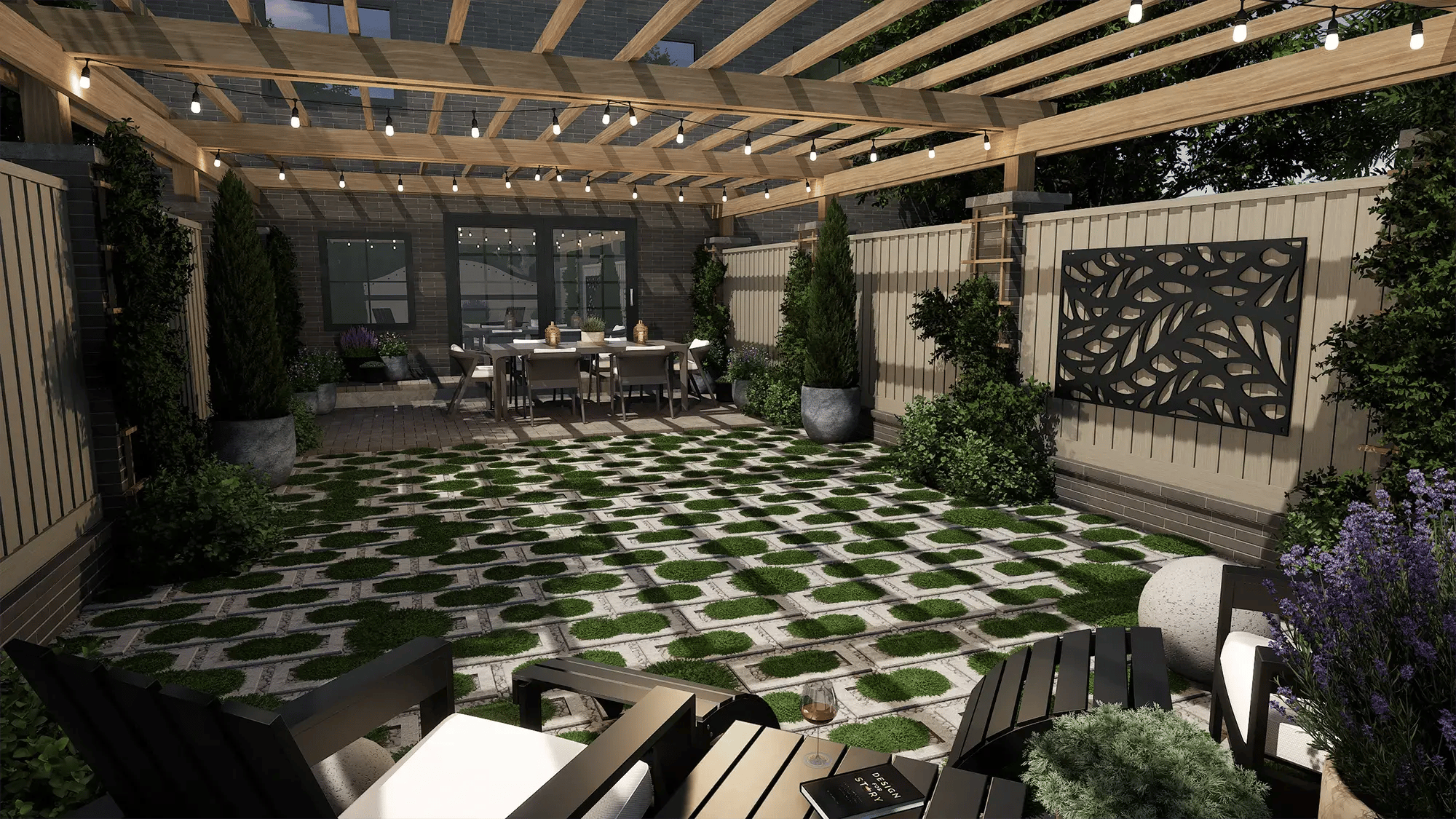 VizTerra landscape design featuring a pergola, patterned paver patio, and planting integrated throughout