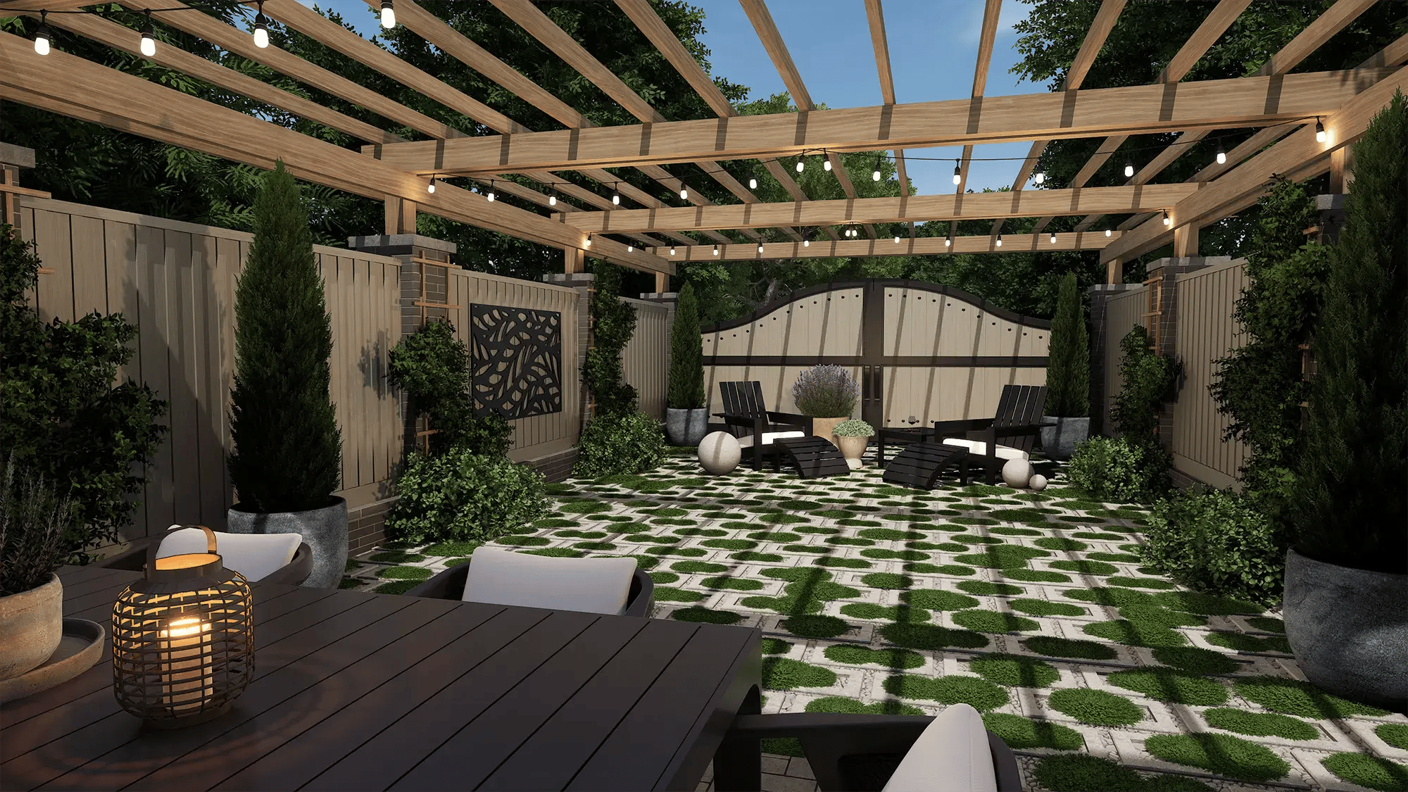 Hardscape design with pergola, grid pavers, and structured outdoor seating area