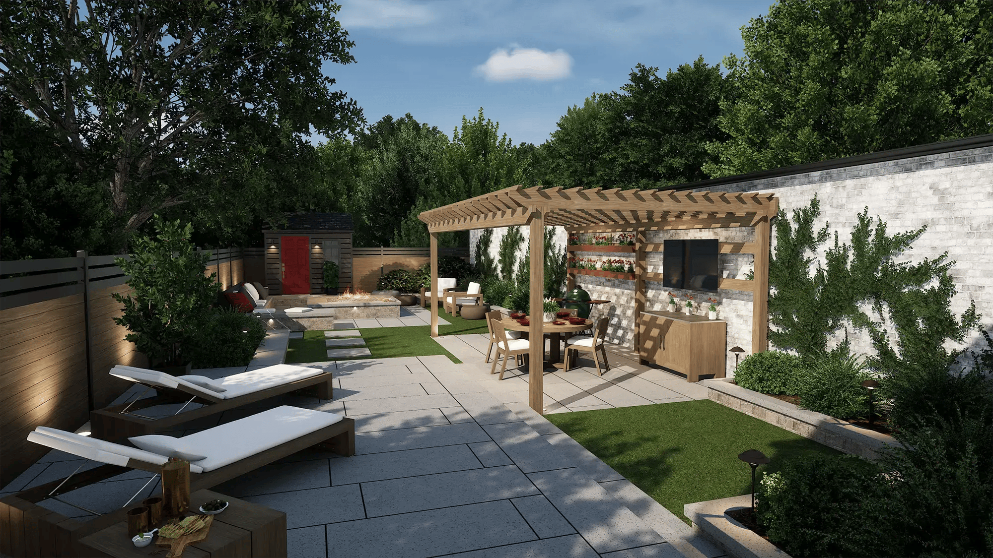 Backyard landscape design with patio, planting beds, lawn, and outdoor living space