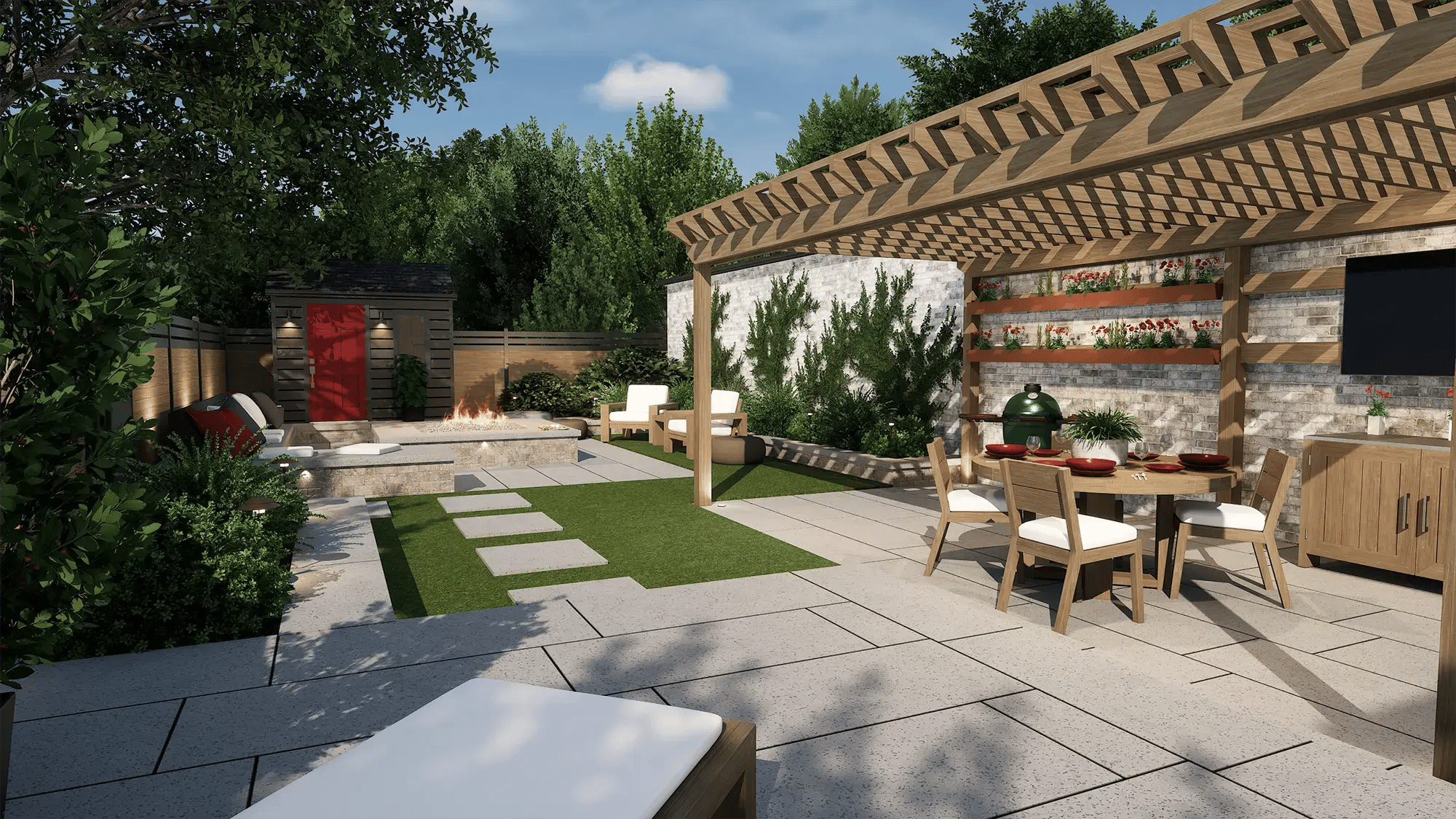 Pergola design with wood shade structure, outdoor dining area, and defined backyard space