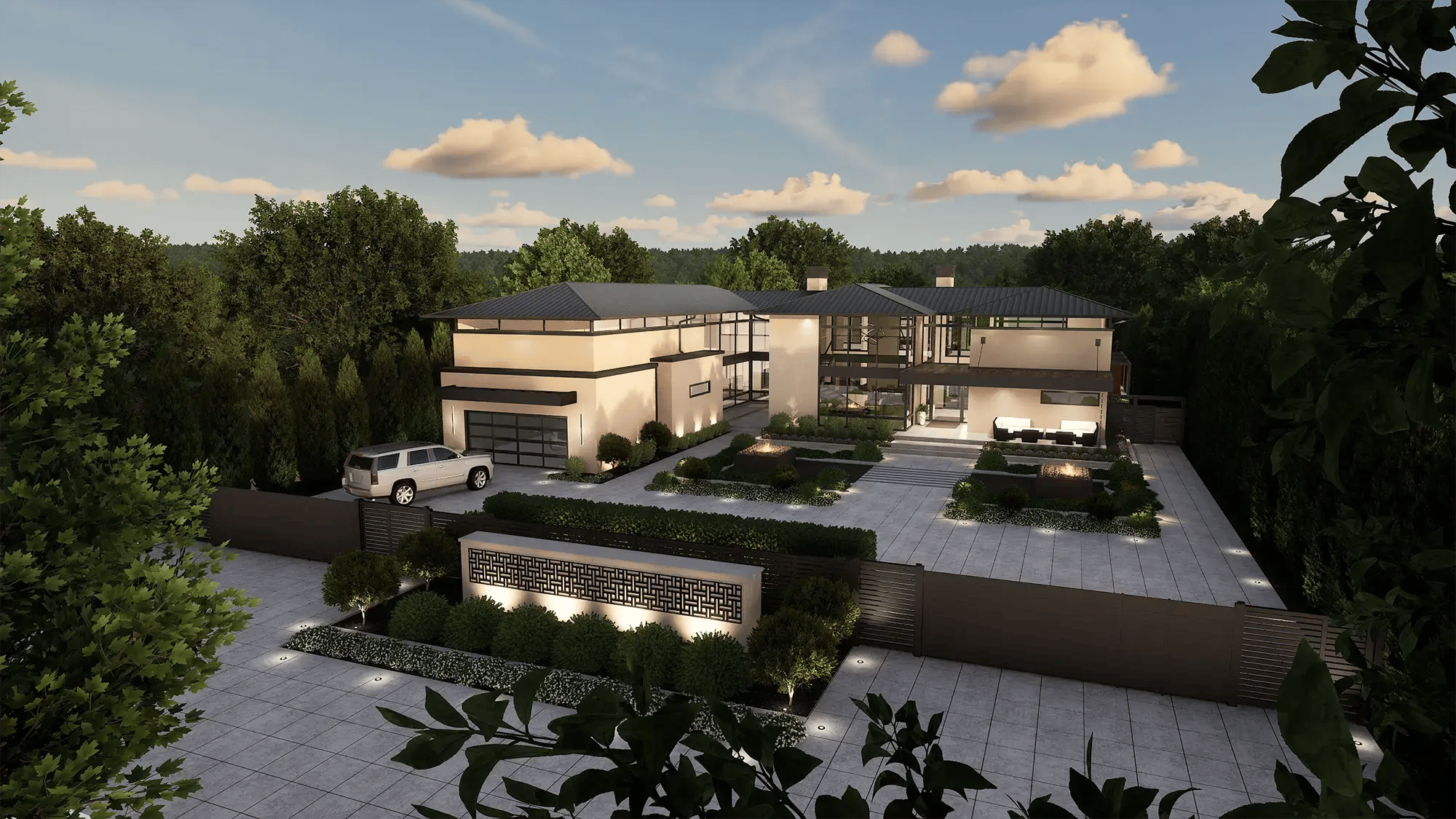 VizTerra large-scale residential hardscape with a paved driveway, walkways, and a modern home exterior