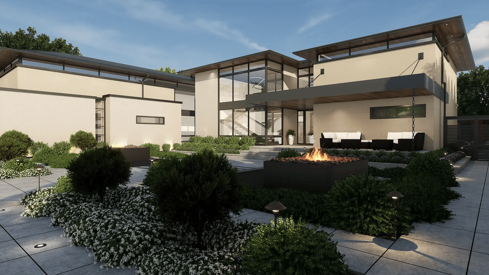 Residential landscape design with patio, fire feature, and integrated planting around modern home
