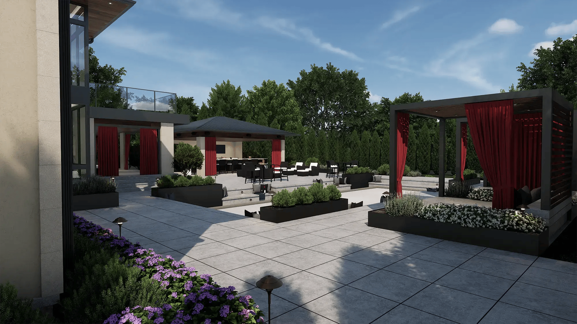 Modern landscape design with planters, paved courtyard, and structured planting layout