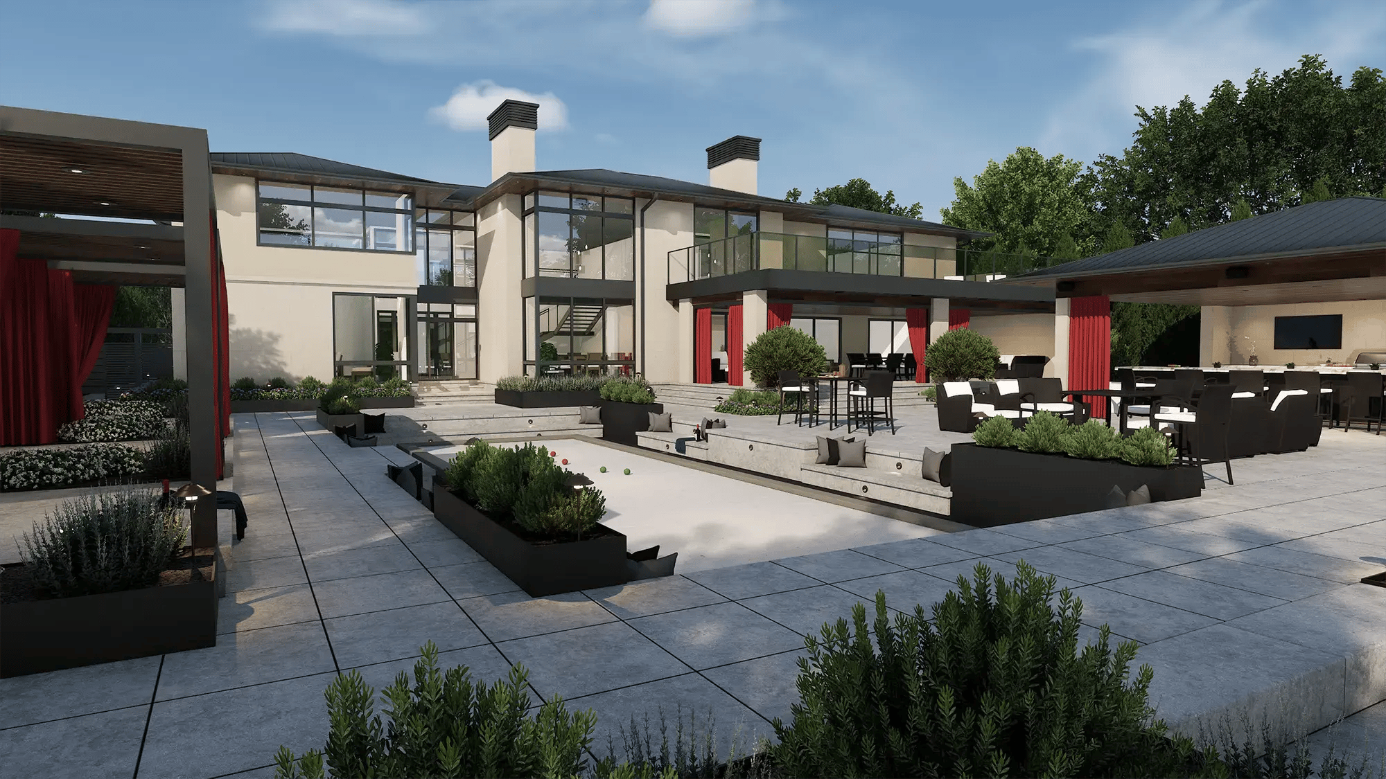 Modern landscape design with multi-level patio, planters, and structured planting layout