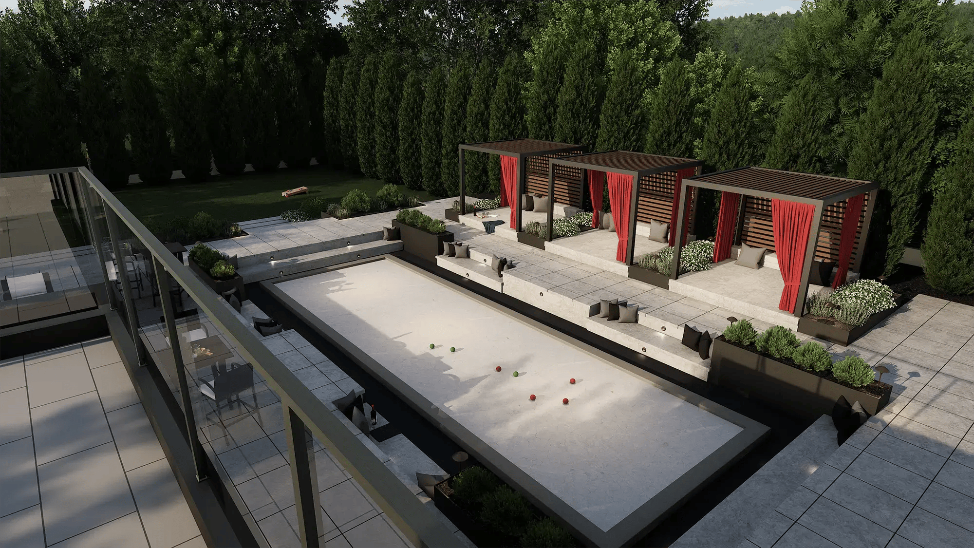 Large patio design with pavers, pergolas, and structured outdoor layout
