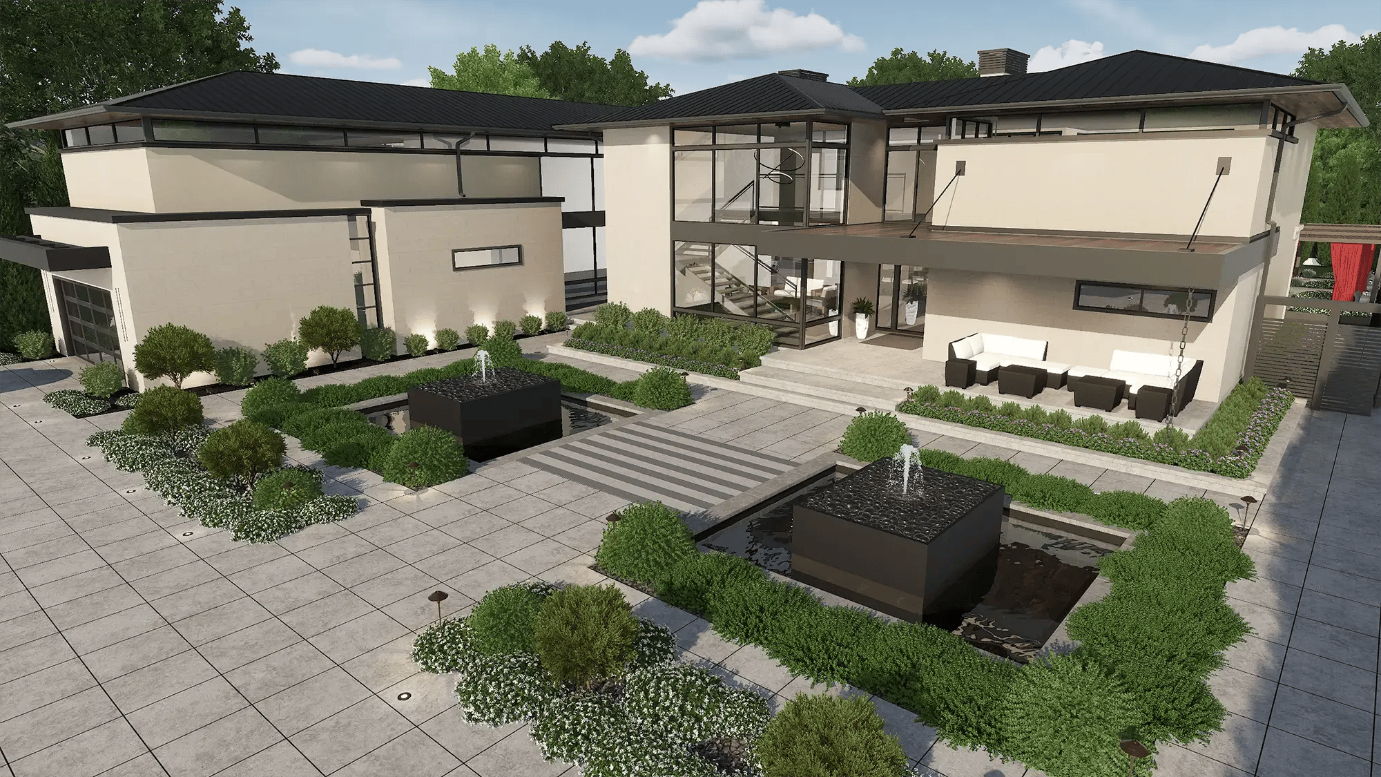 Modern courtyard pool design with geometric layout, water feature, and tiered patio