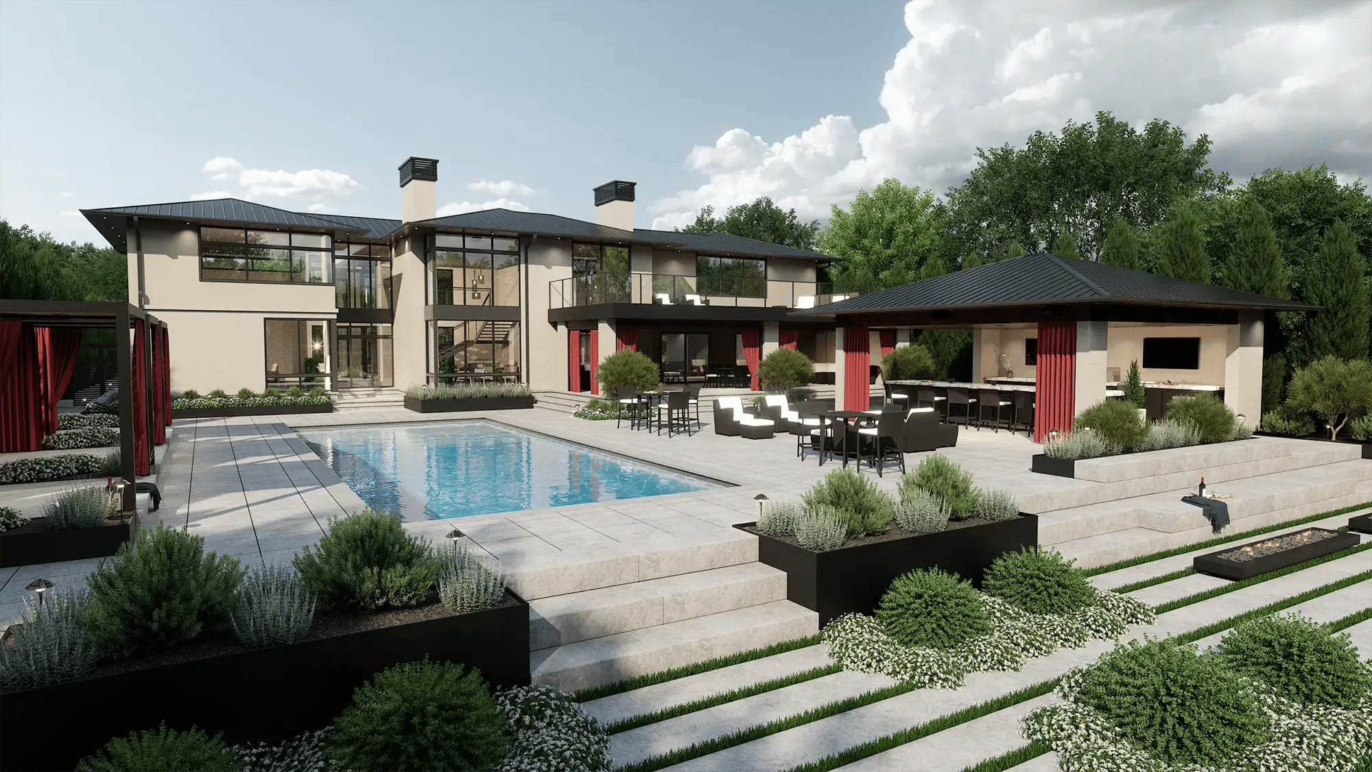 Modern pool design created in Vip3D with integrated steps, raised planters, and multi-level patio layout