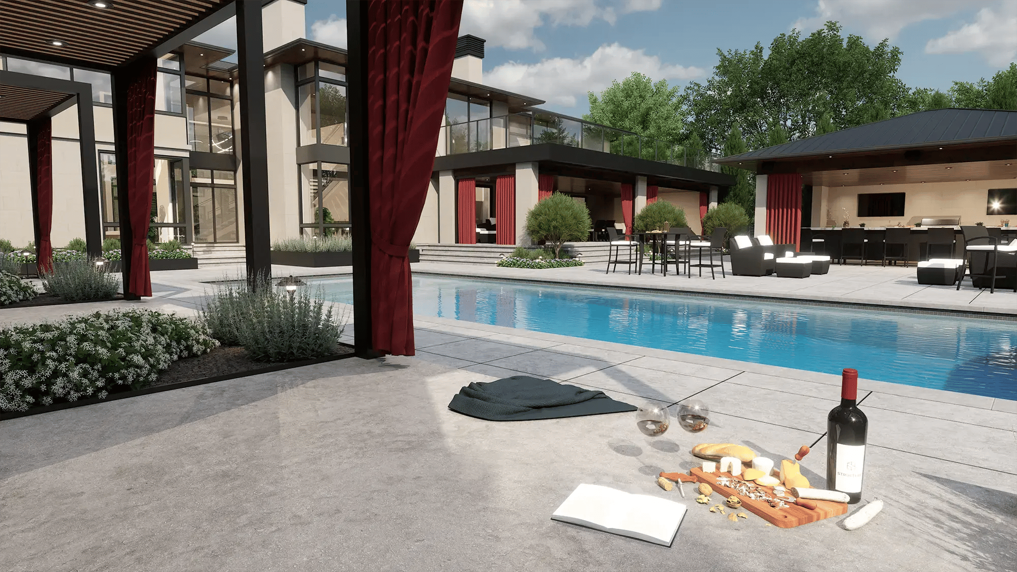 Lap pool design with extended swim lane, outdoor dining area, and covered cabana with custom-material curtains